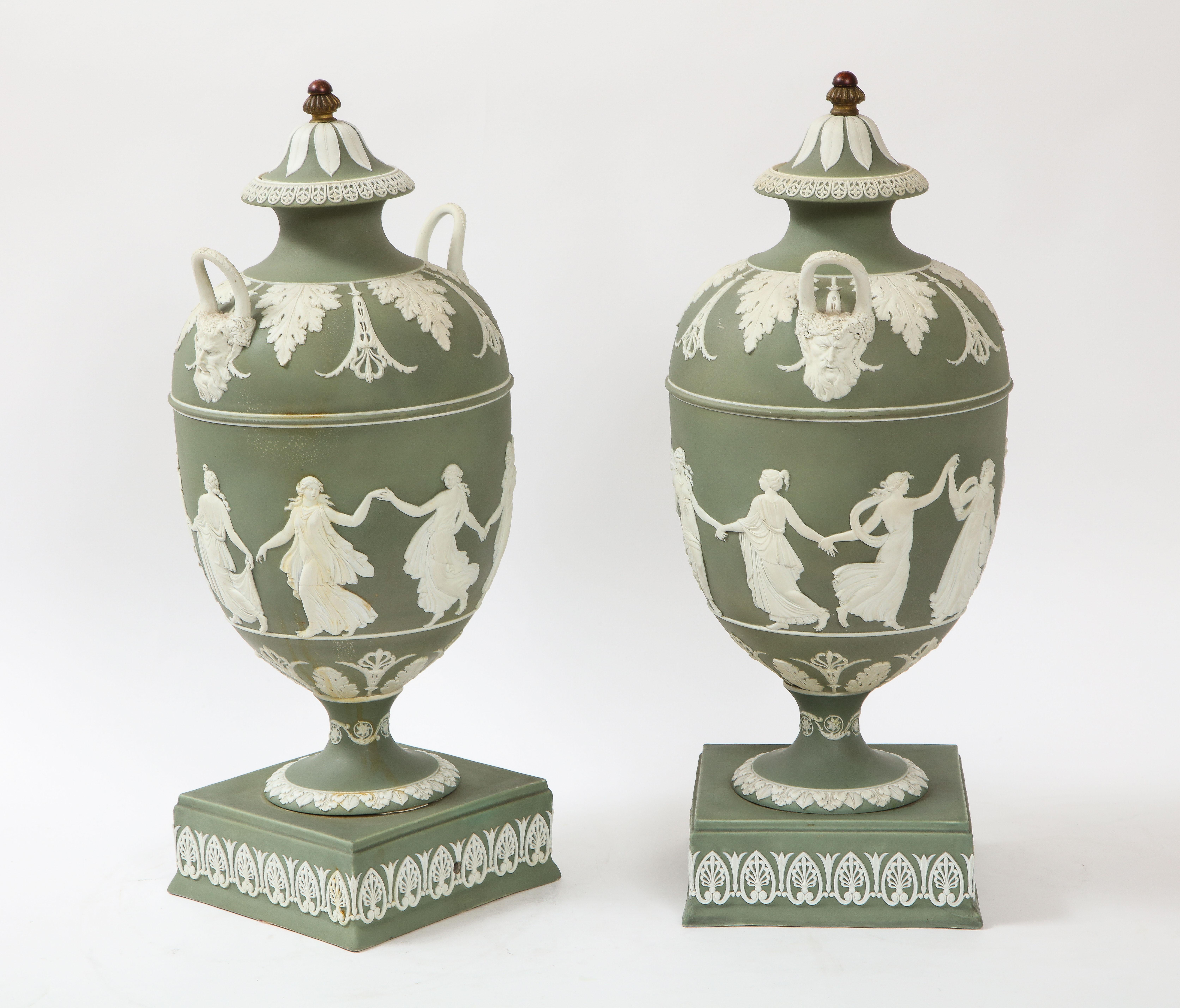 19th Century Pair 19th C English Neoclassical Style Olive Ground Covered Wedgwood Vases