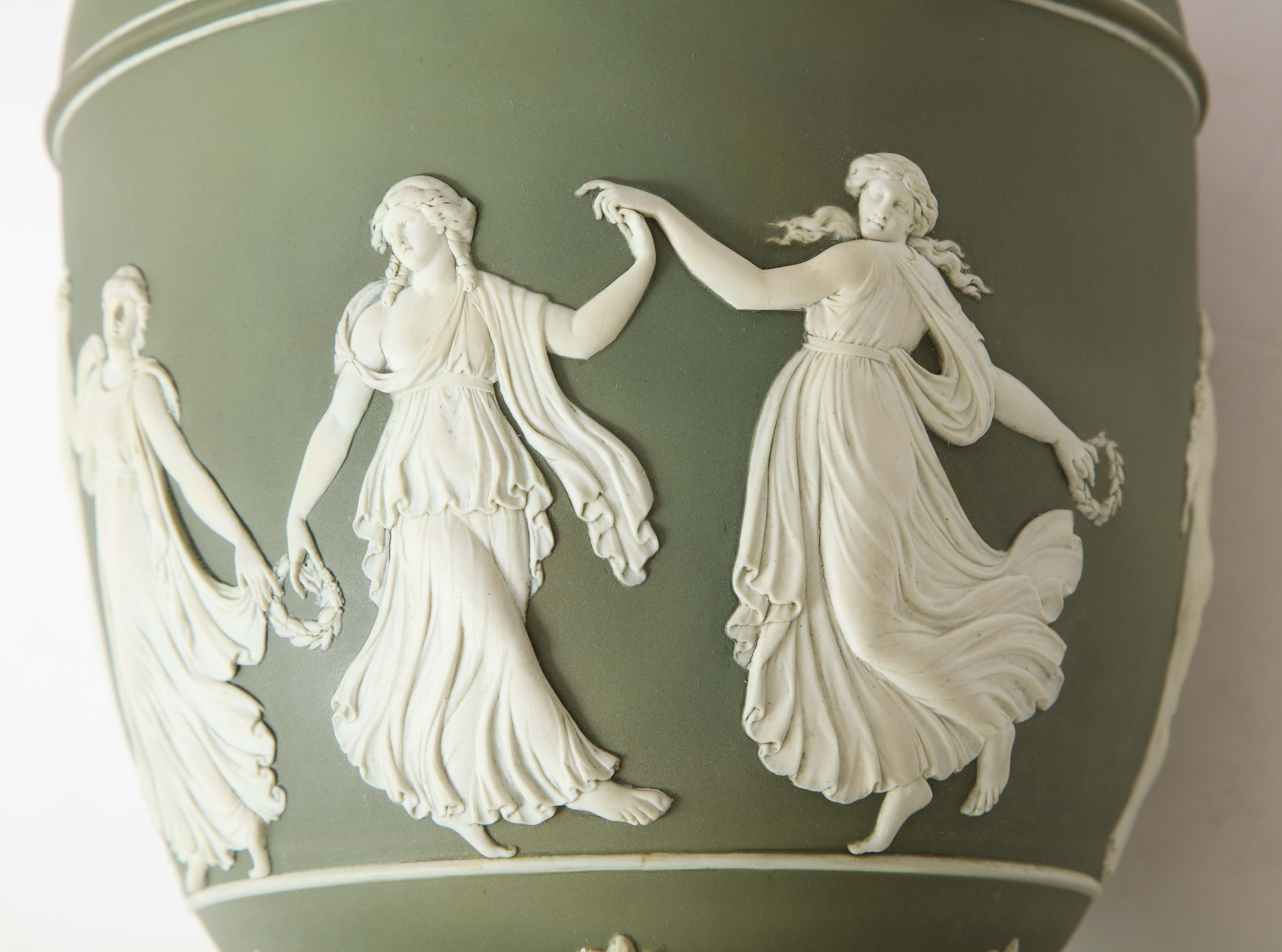 Pair 19th C English Neoclassical Style Olive Ground Covered Wedgwood Vases 1