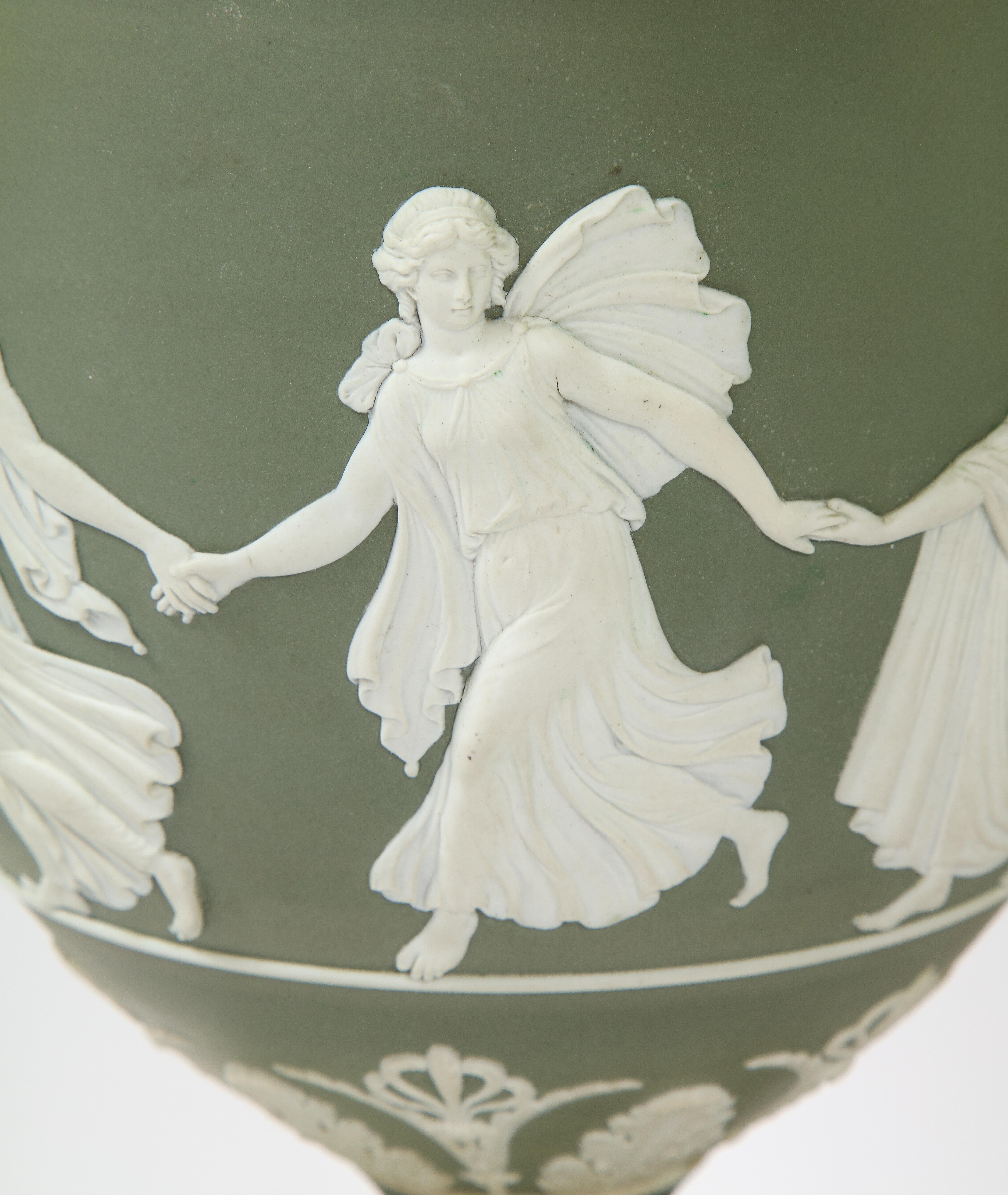 Pair 19th C English Neoclassical Style Olive Ground Covered Wedgwood Vases 2
