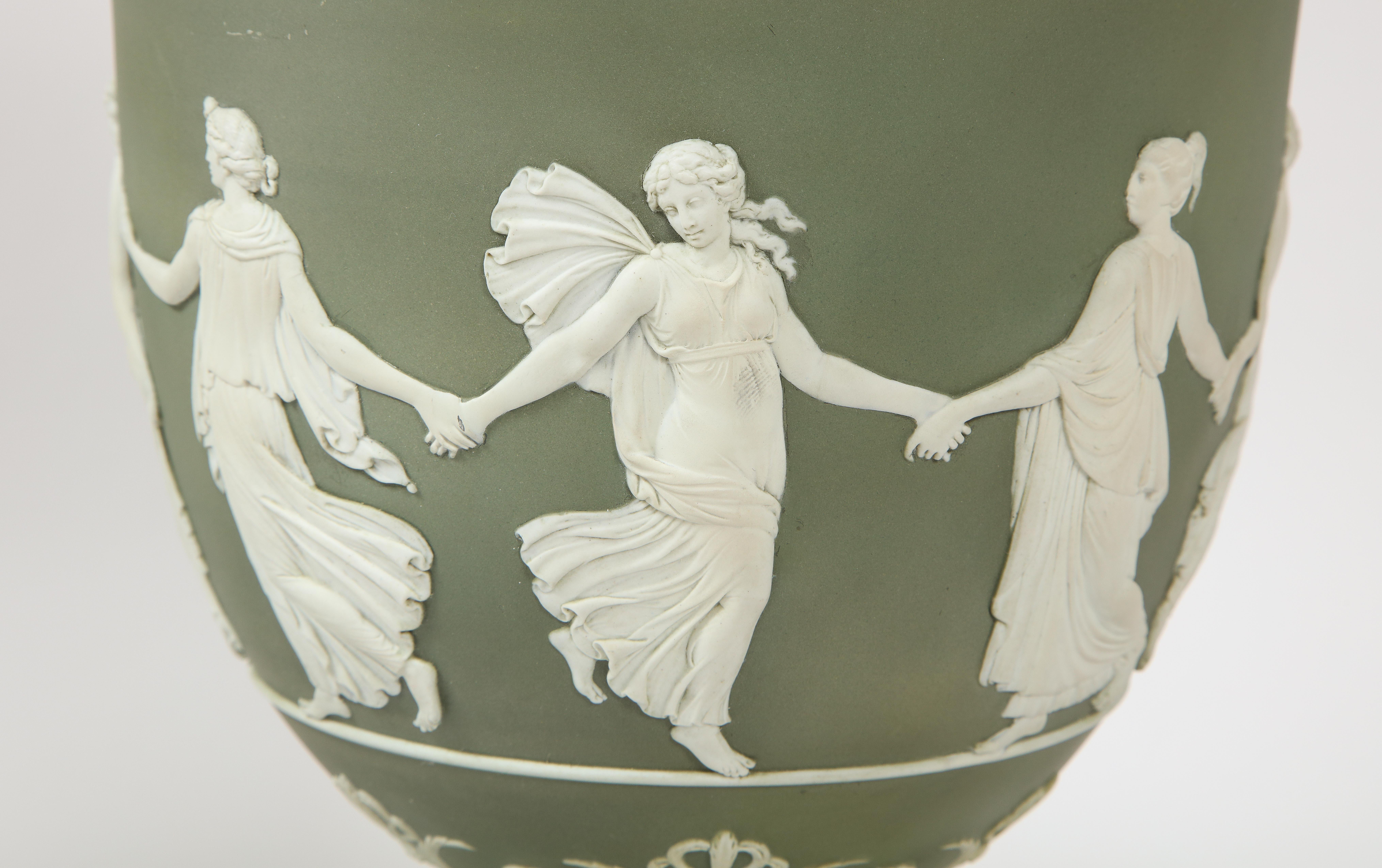 Pair 19th C English Neoclassical Style Olive Ground Covered Wedgwood Vases 3