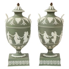 Pair 19th C English Neoclassical Style Olive Ground Covered Wedgwood Vases