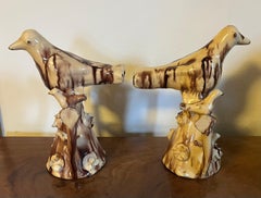 Pair 19th c. Folk Art Staffordshire Redware Treacle Glaze Bird Dovecote Whistles