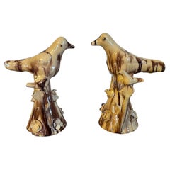 Pair 19th c. Folk Art Staffordshire Redware Treacle Glaze Bird Dovecote Whistles