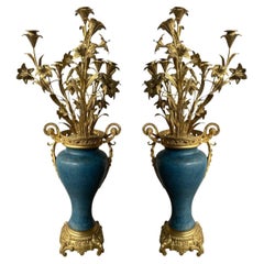 Pair 19th C. French Bronze Candelabra Carved Blue Stone with Gilt Floral Bouquet