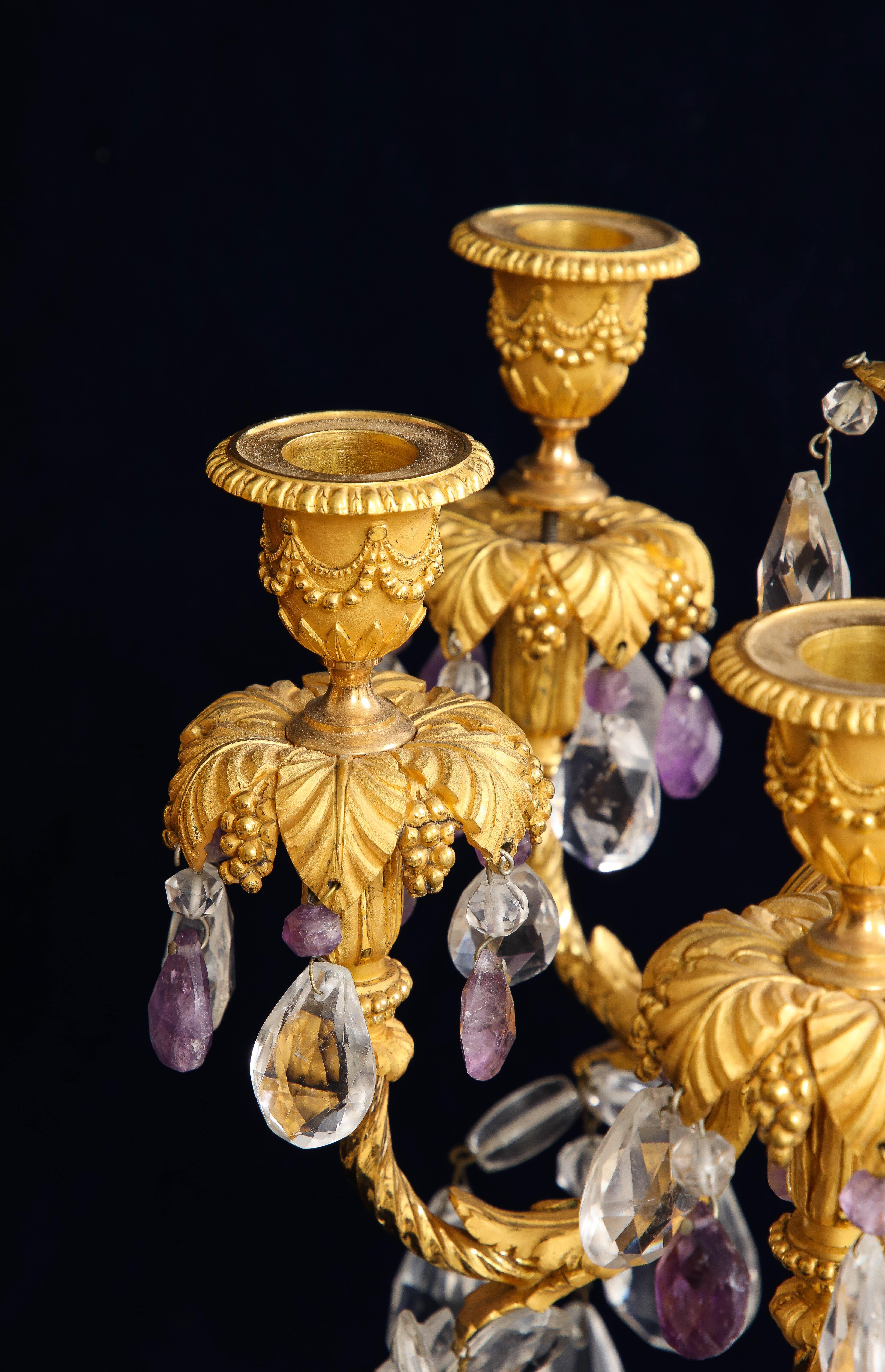 Pair 19th C. French Dore Bronze Mtd. Agate, Rock Crystal, & Amethyst Candelabra For Sale 4