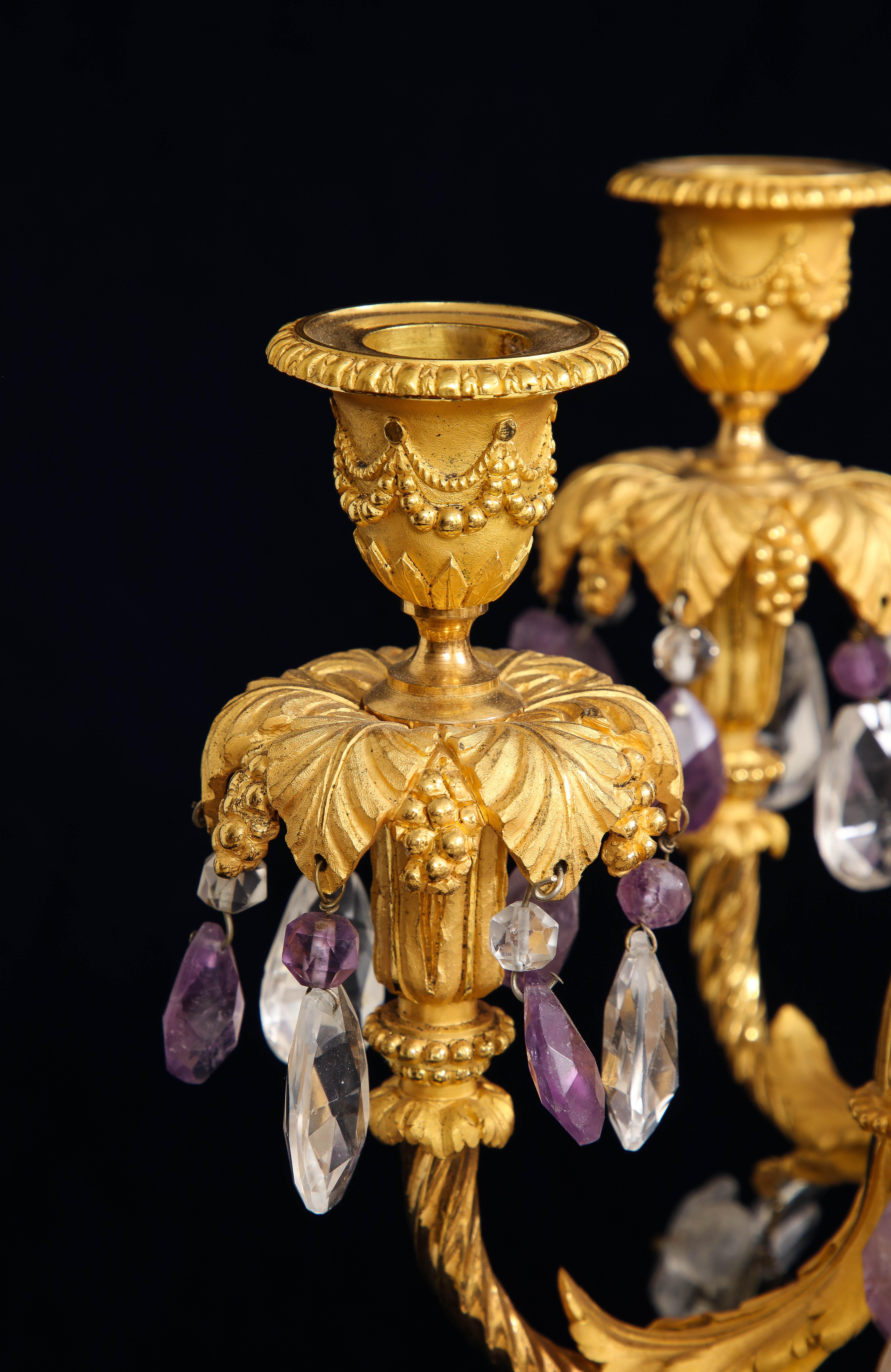 Pair 19th C. French Dore Bronze Mtd. Agate, Rock Crystal, & Amethyst Candelabra For Sale 5