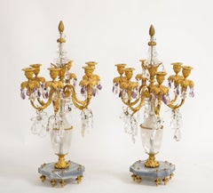 Paire de bronzes dorés français du 19ème siècle, Mtd. Candélabre en agate, cristal de roche et améthyste
