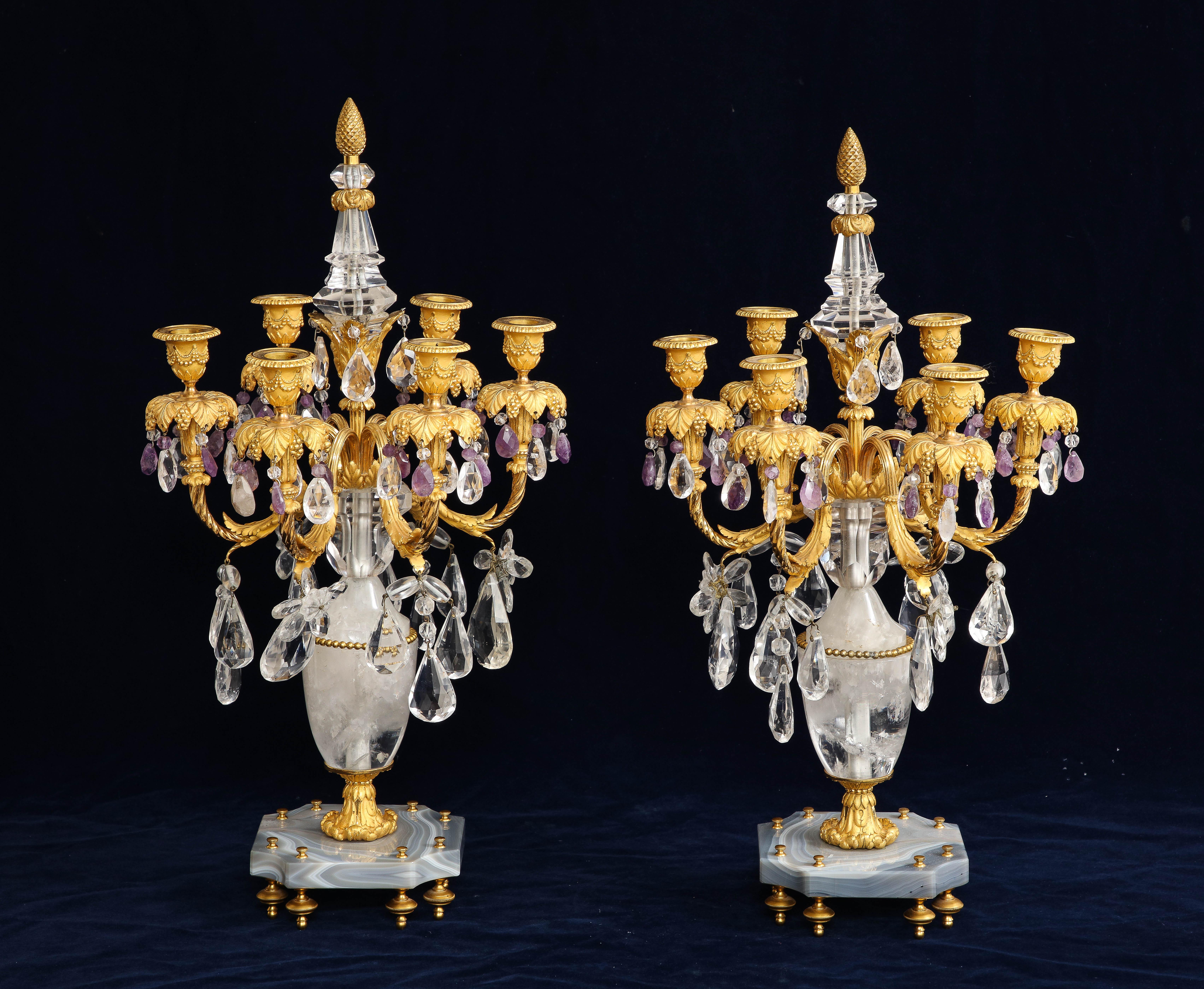 Louis XVI Pair 19th C. French Dore Bronze Mtd. Agate, Rock Crystal, & Amethyst Candelabra For Sale