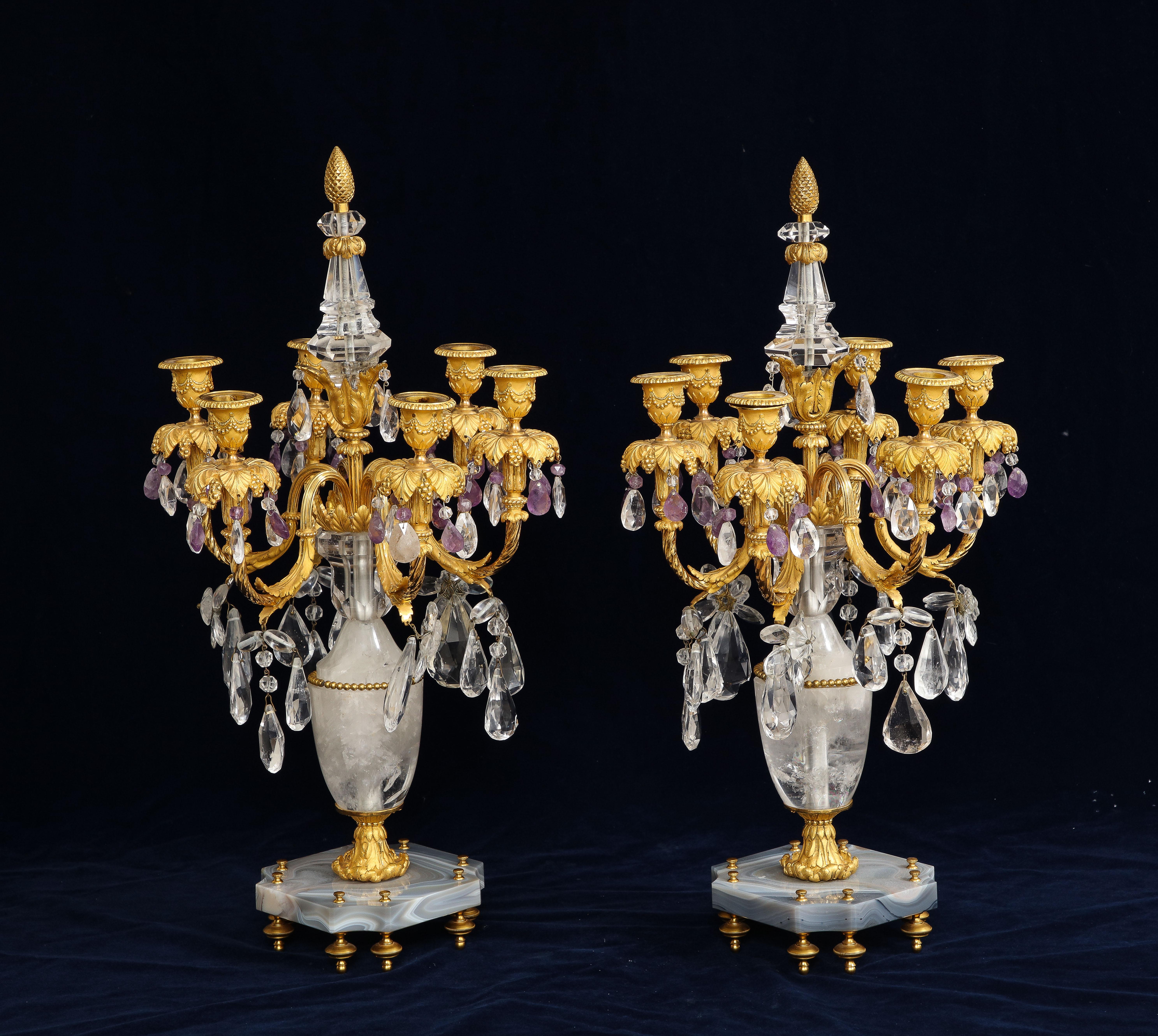 Polished Pair 19th C. French Dore Bronze Mtd. Agate, Rock Crystal, & Amethyst Candelabra For Sale