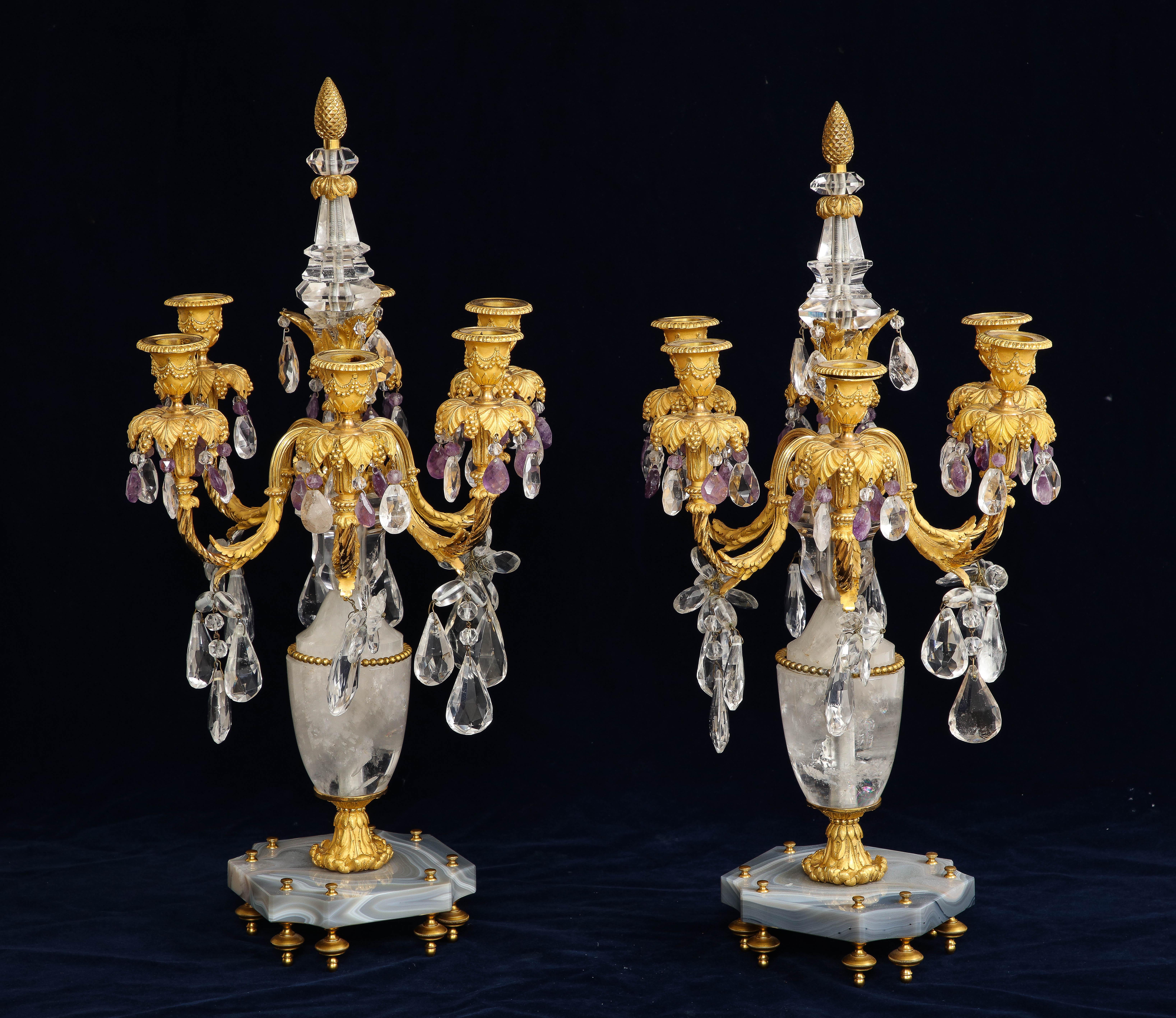 Pair 19th C. French Dore Bronze Mtd. Agate, Rock Crystal, & Amethyst Candelabra In Good Condition For Sale In New York, NY