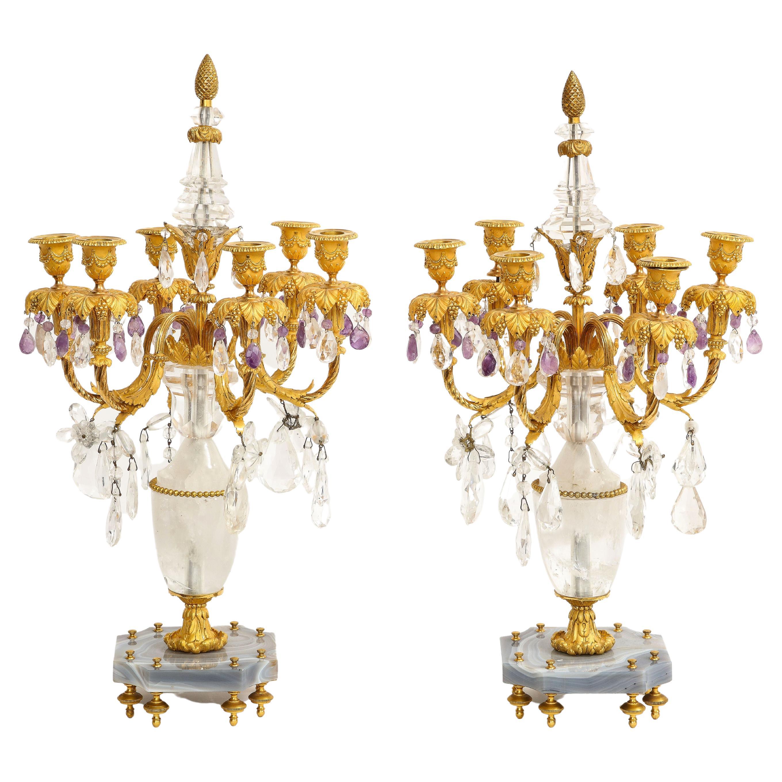 Pair 19th C. French Dore Bronze Mtd. Agate, Rock Crystal, & Amethyst Candelabra For Sale