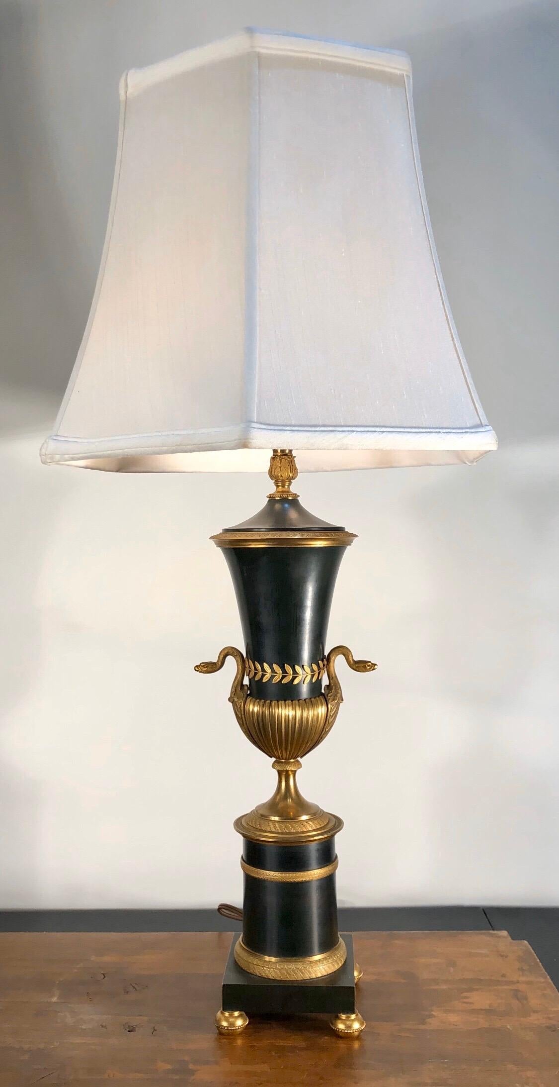 19th Century French Empire Lamps with Bronze Urns and Ormolu-Mounted Swans, Pair In Good Condition In Charleston, SC