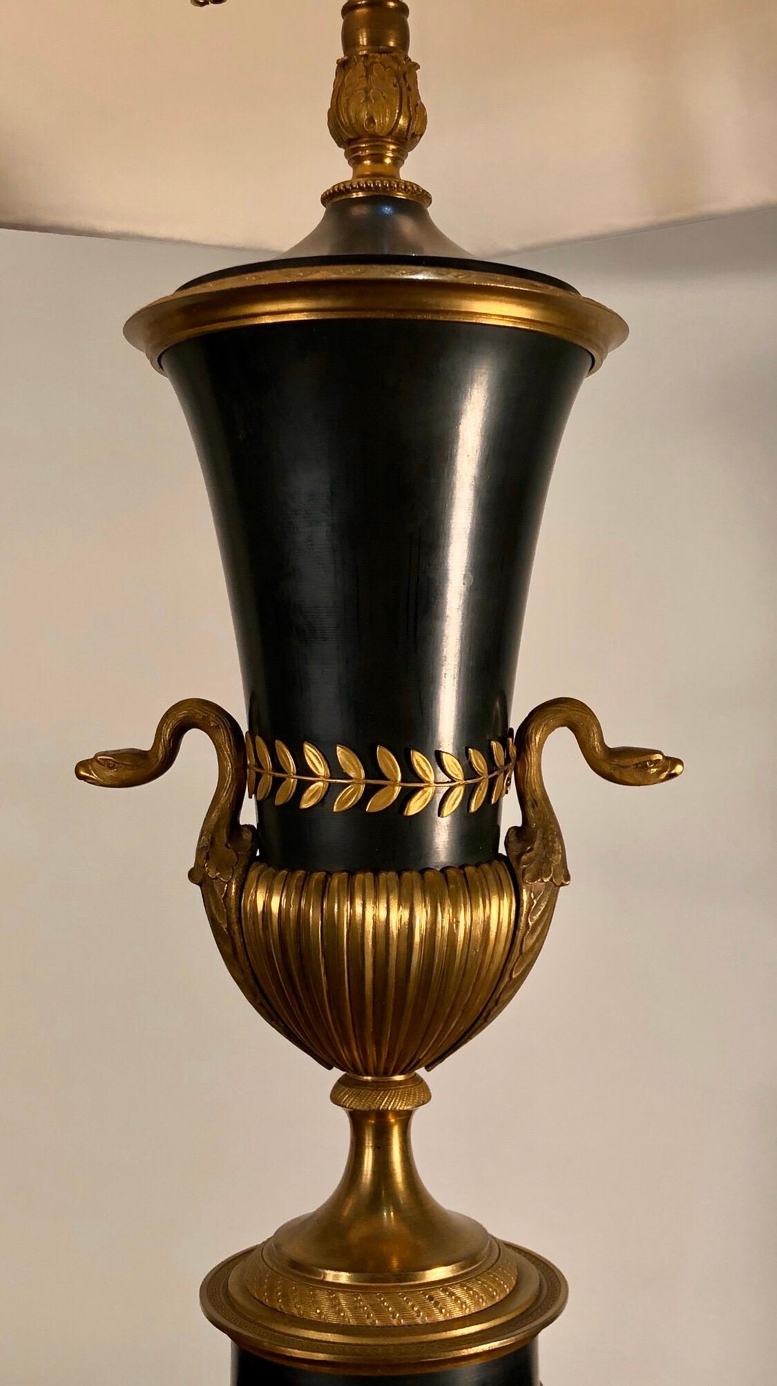 19th Century French Empire Lamps with Bronze Urns and Ormolu-Mounted Swans, Pair 2