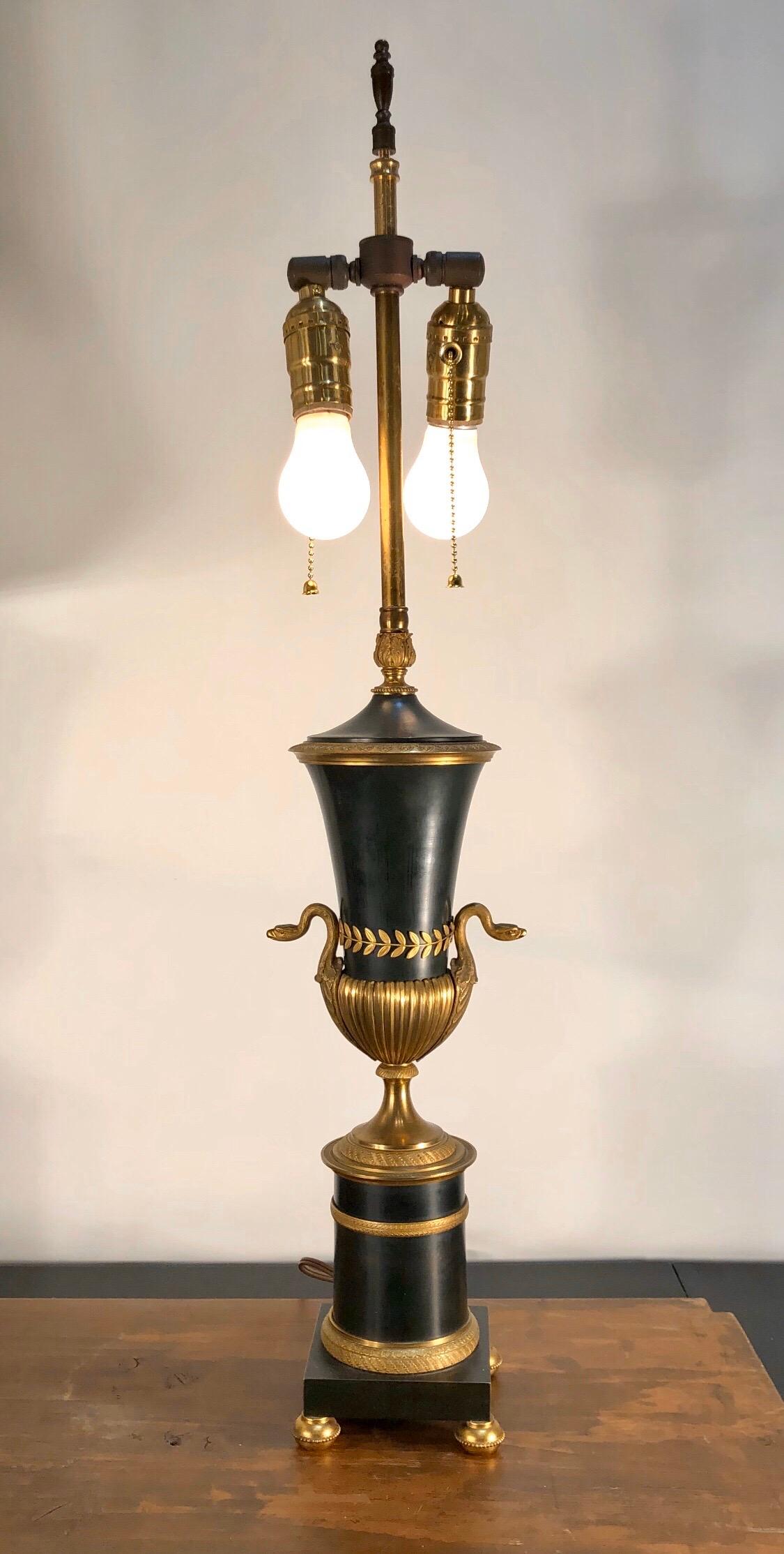 19th Century French Empire Lamps with Bronze Urns and Ormolu-Mounted Swans, Pair 3