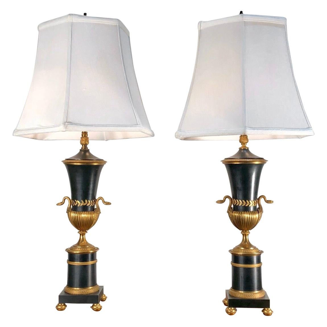 19th Century French Empire Lamps with Bronze Urns and Ormolu-Mounted Swans, Pair