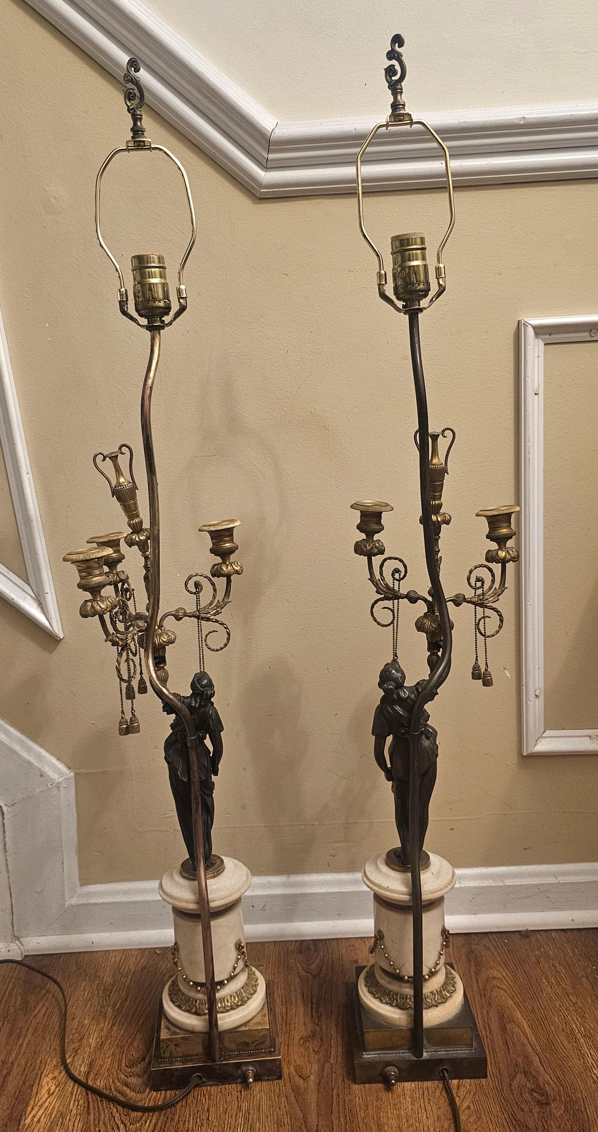 Pair 19th C. French Empire Marble and Bronze Figural Candelabra Mounted as Lamps in vendita 2