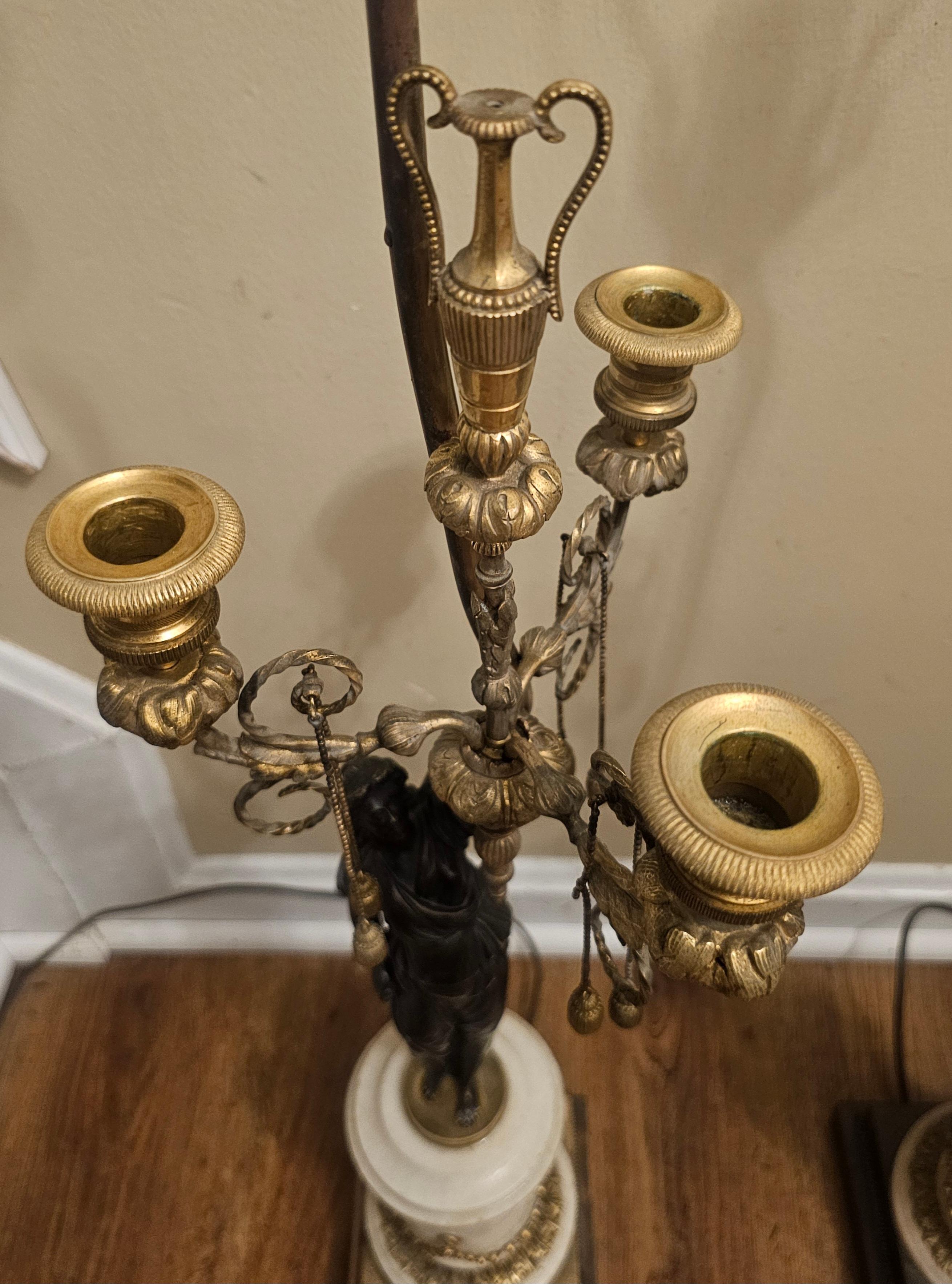 Pair 19th C. French Empire Marble and Bronze Figural Candelabra Mounted as Lamps in vendita 3