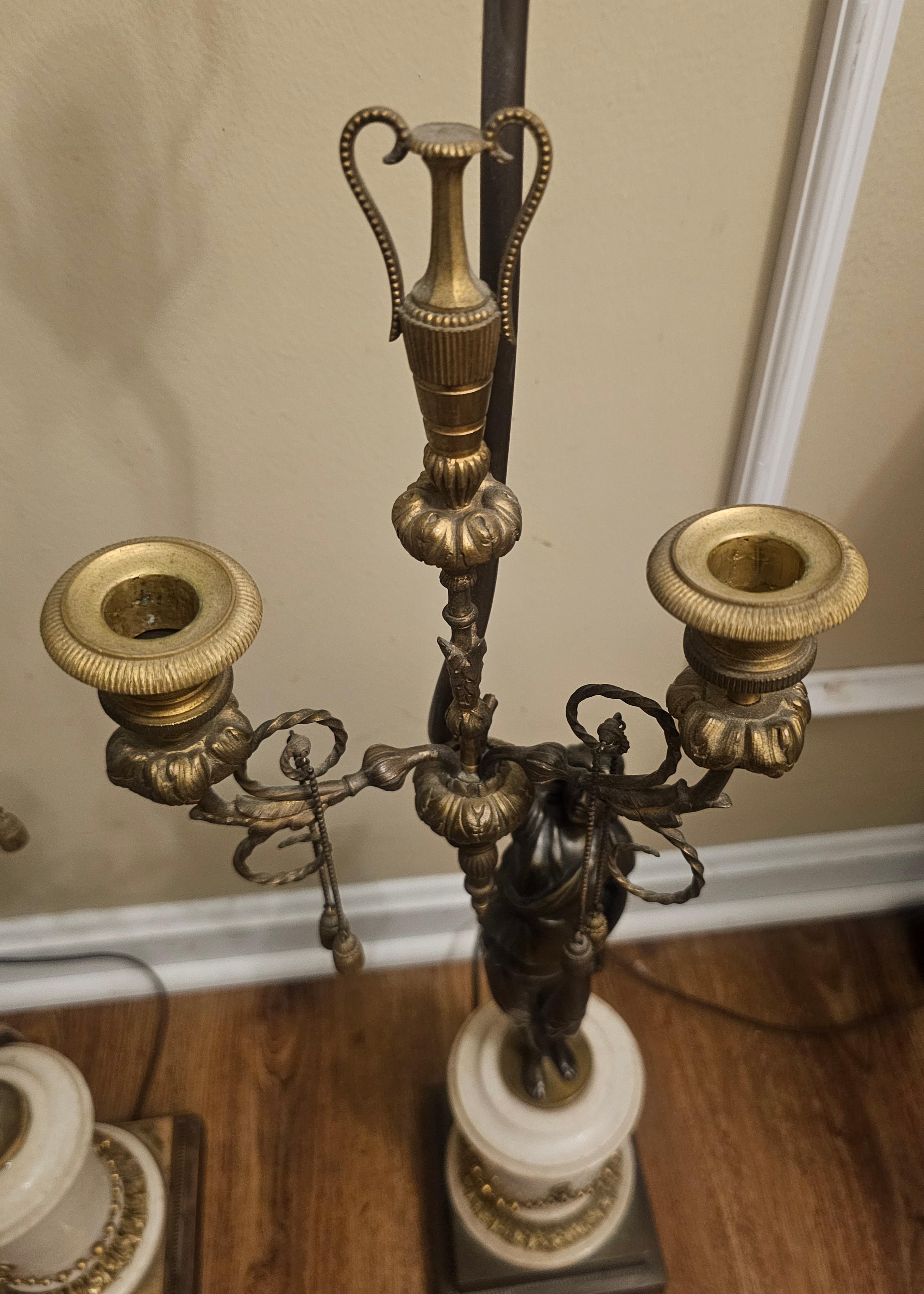 Pair 19th C. French Empire Marble and Bronze Figural Candelabra Mounted as Lamps in vendita 4