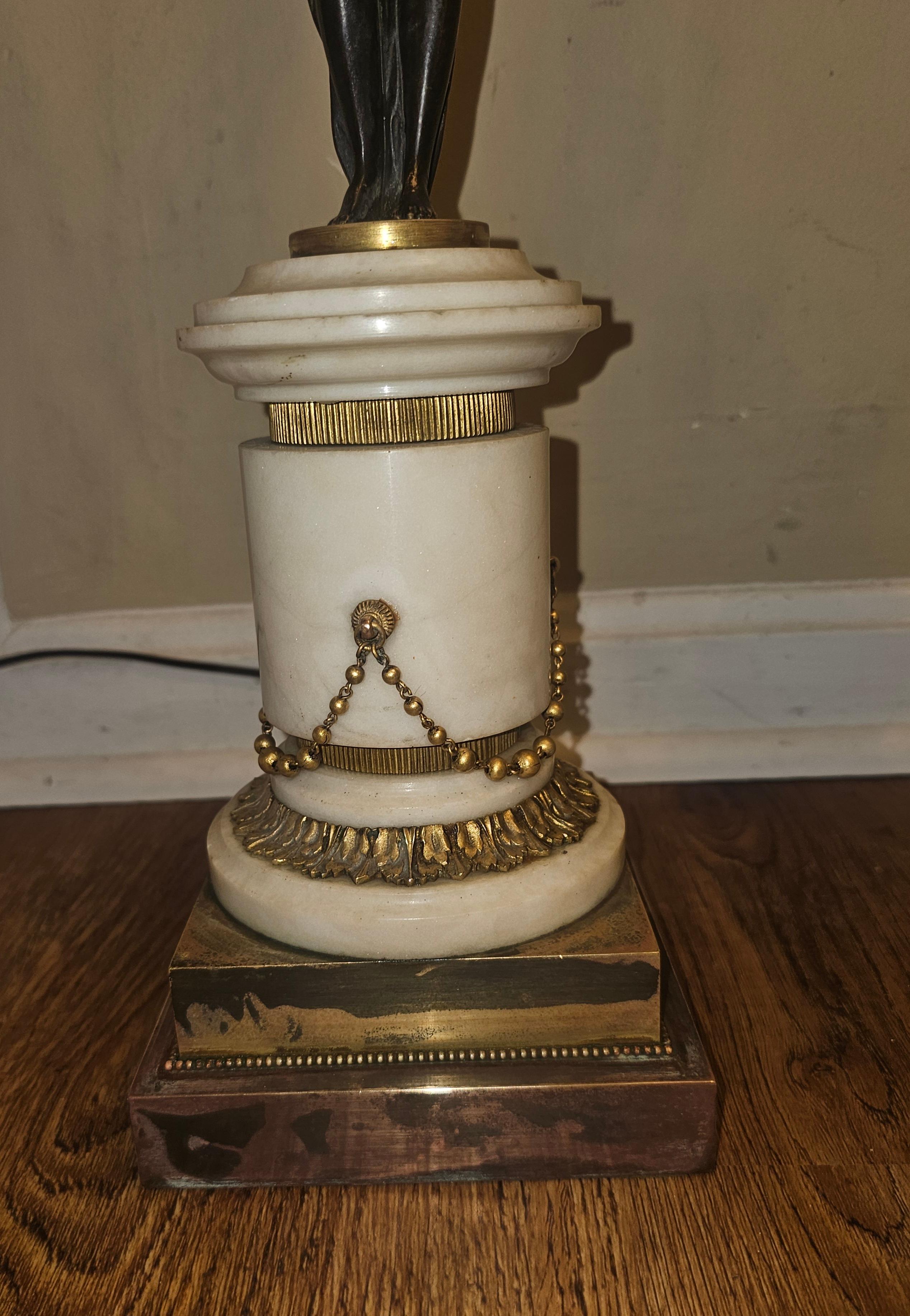 Pair 19th C. French Empire Marble and Bronze Figural Candelabra Mounted as Lamps in vendita 5