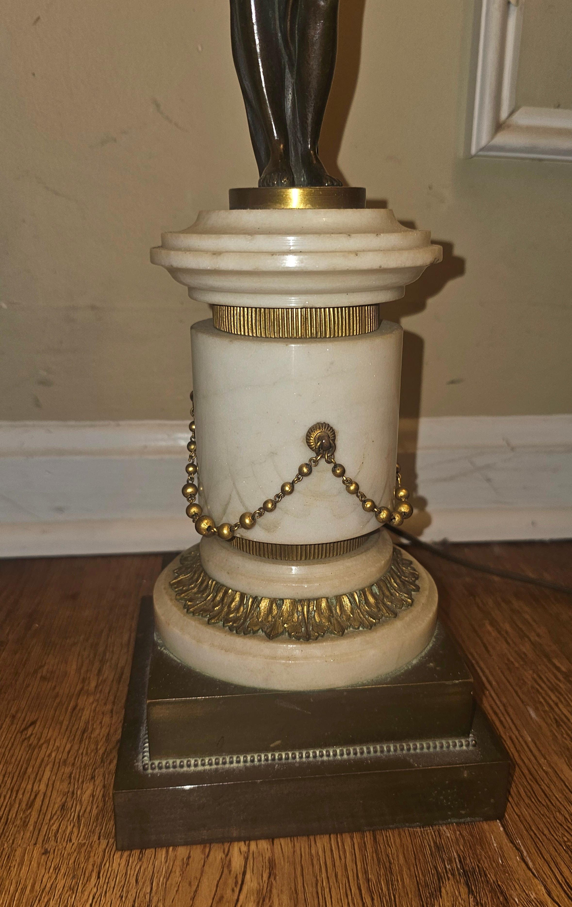 Pair 19th C. French Empire Marble and Bronze Figural Candelabra Mounted as Lamps in vendita 6