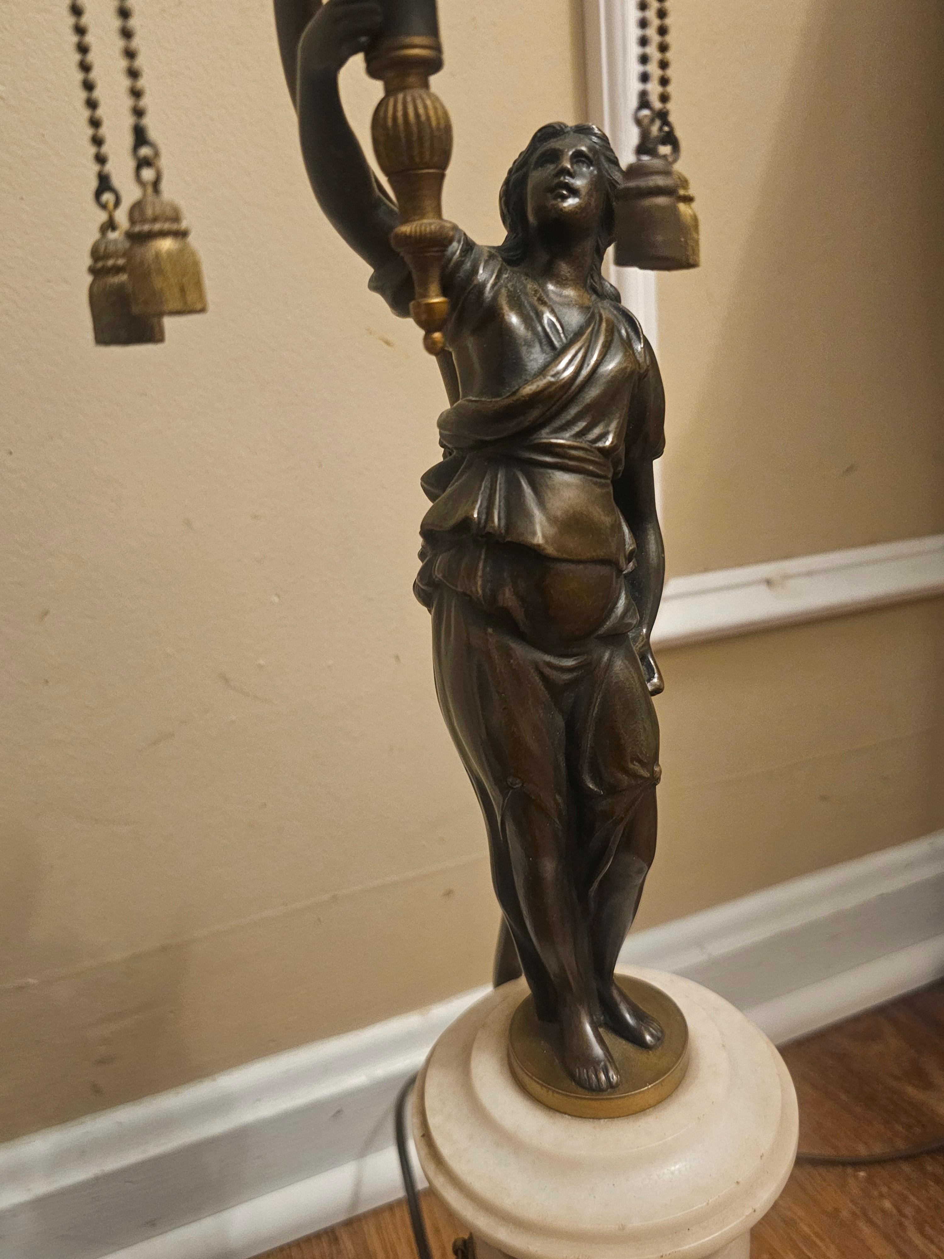 Pair 19th C. French Empire Marble and Bronze Figural Candelabra Mounted as Lamps in vendita 8