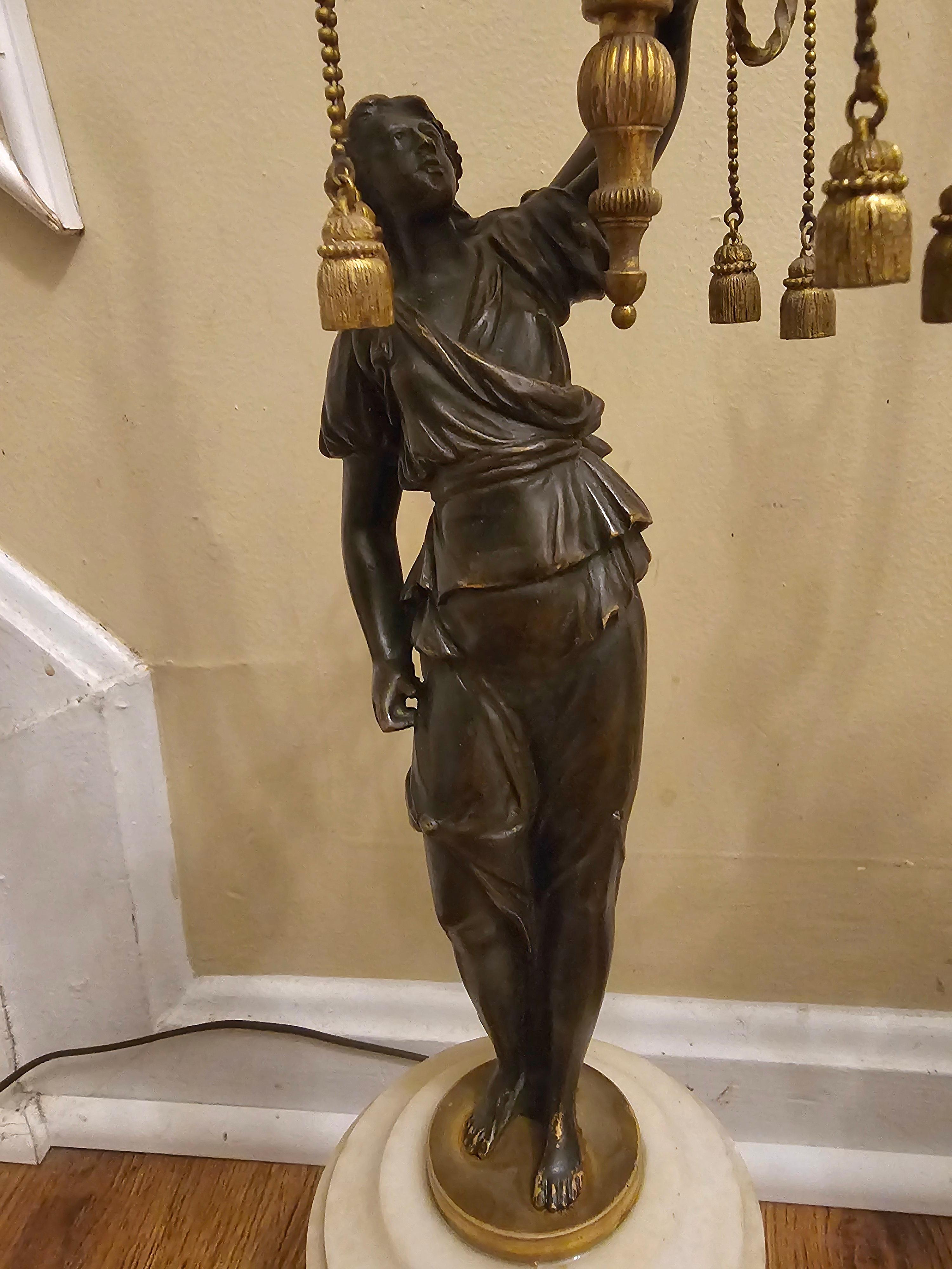 Pair 19th C. French Empire Marble and Bronze Figural Candelabra Mounted as Lamps in vendita 9