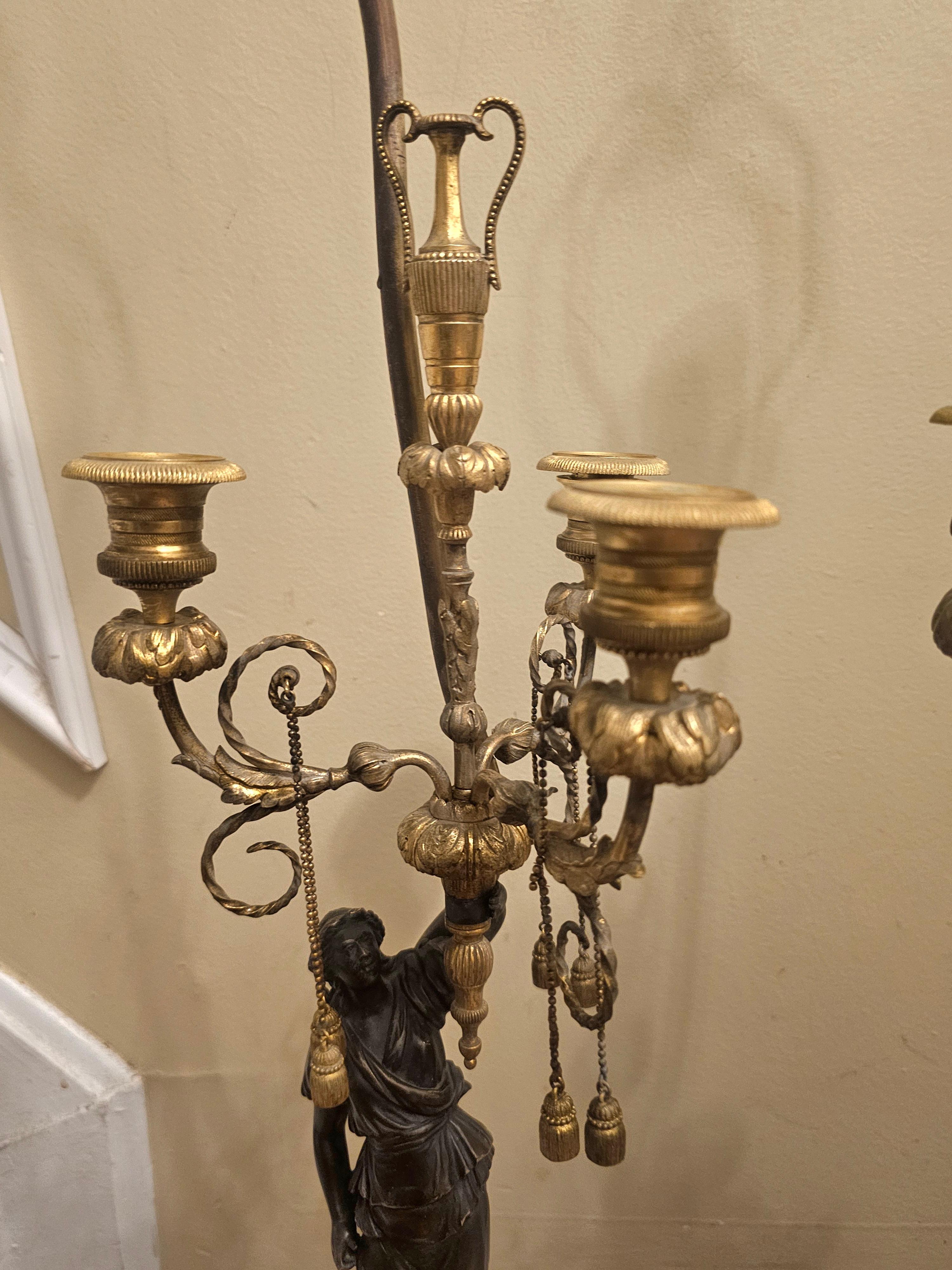 Pair 19th C. French Empire Marble and Bronze Figural Candelabra Mounted as Lamps in vendita 10