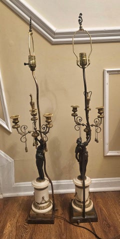 Pair 19th C. French Empire Marble and Bronze Figural Candelabra Mounted as Lamps