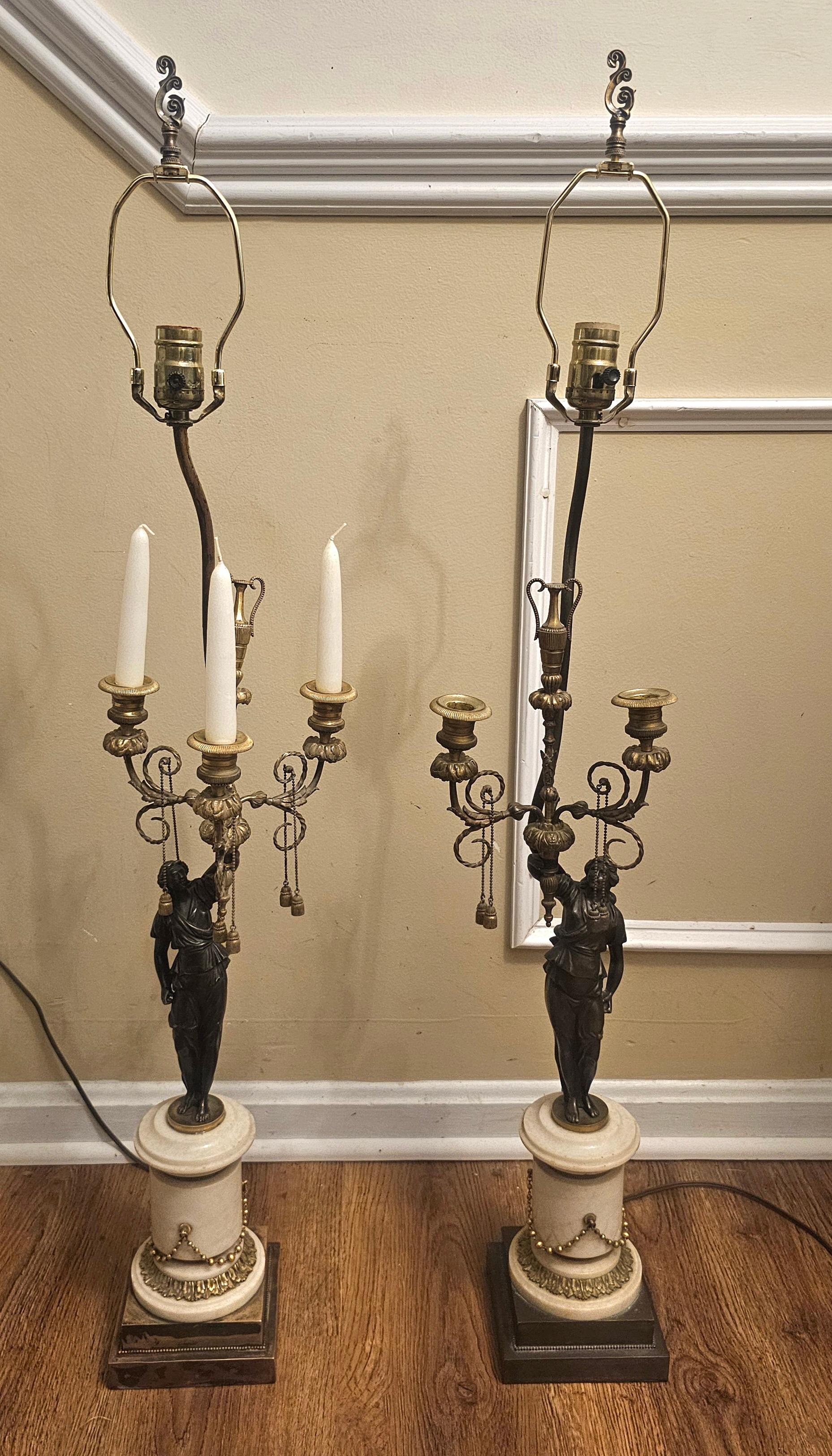 Altro Pair 19th C. French Empire Marble and Bronze Figural Candelabra Mounted as Lamps in vendita