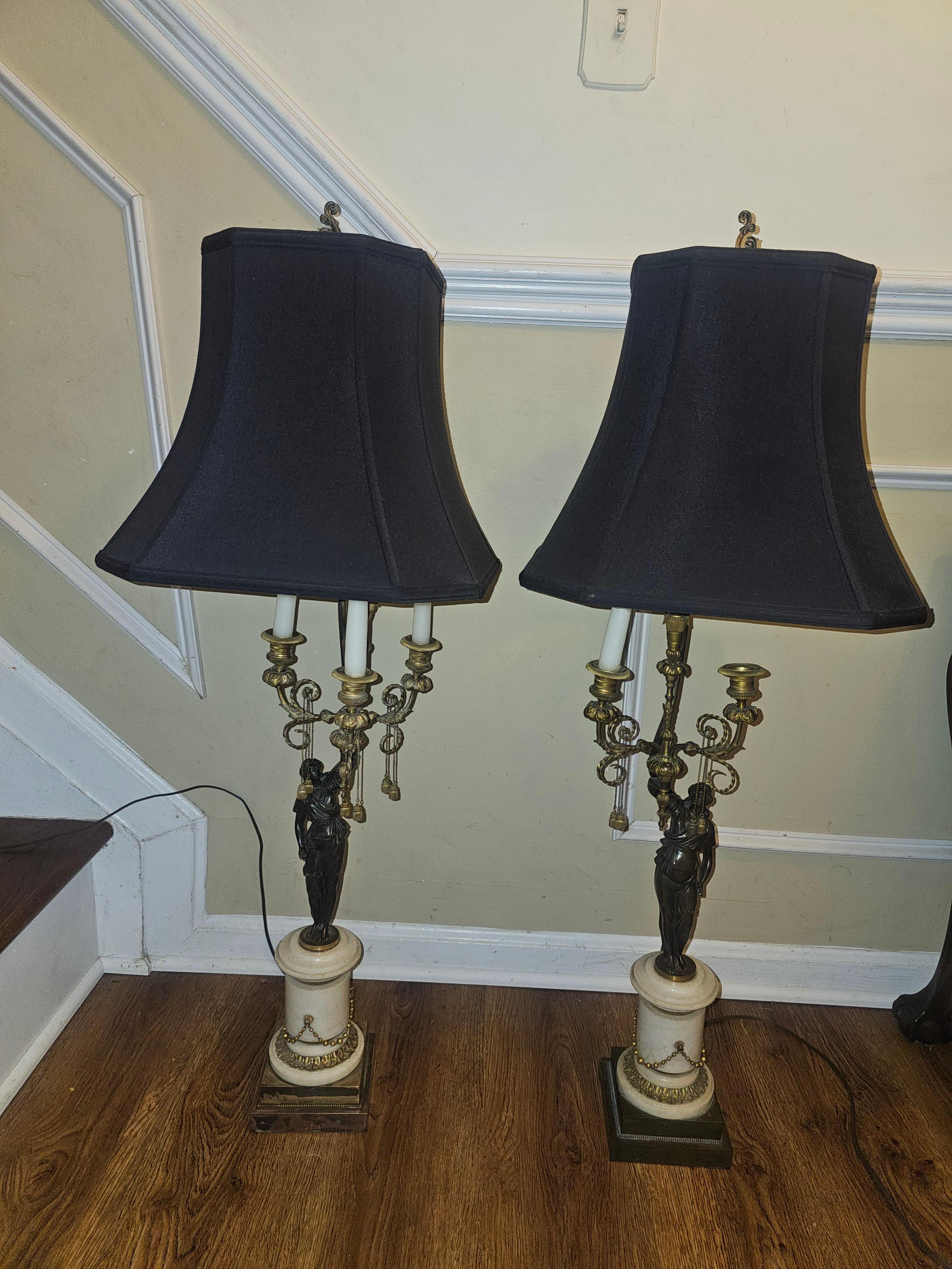 Pair 19th C. French Empire Marble and Bronze Figural Candelabra Mounted as Lamps In condizioni buone in vendita a Germantown, MD
