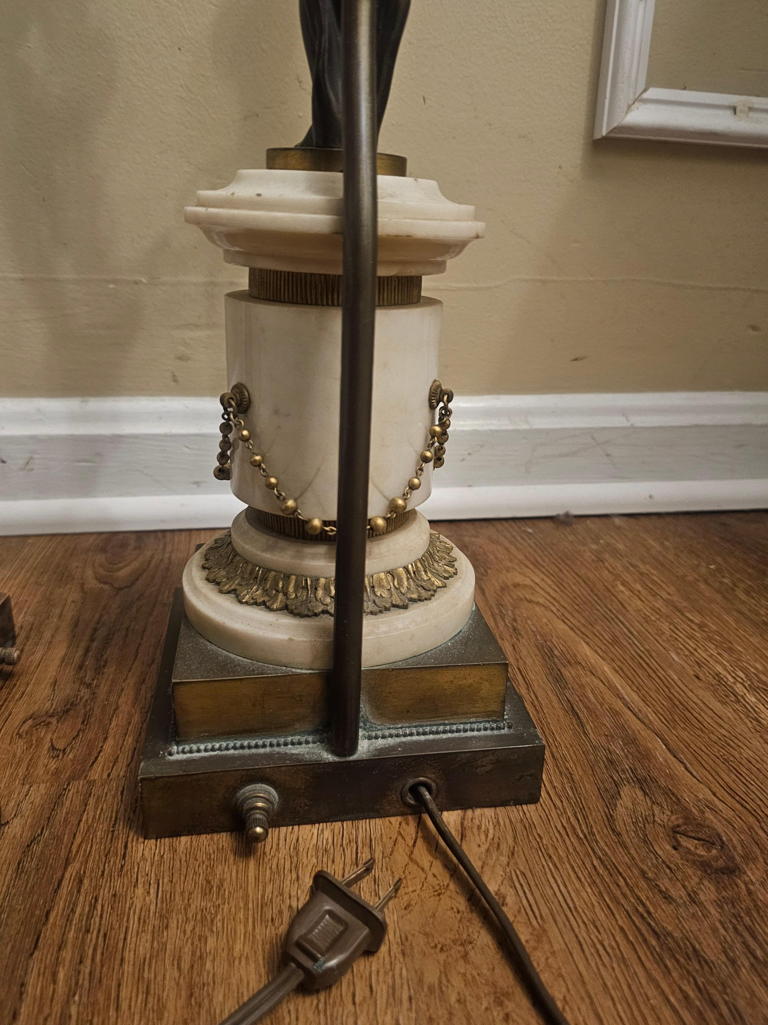 XIX secolo Pair 19th C. French Empire Marble and Bronze Figural Candelabra Mounted as Lamps in vendita