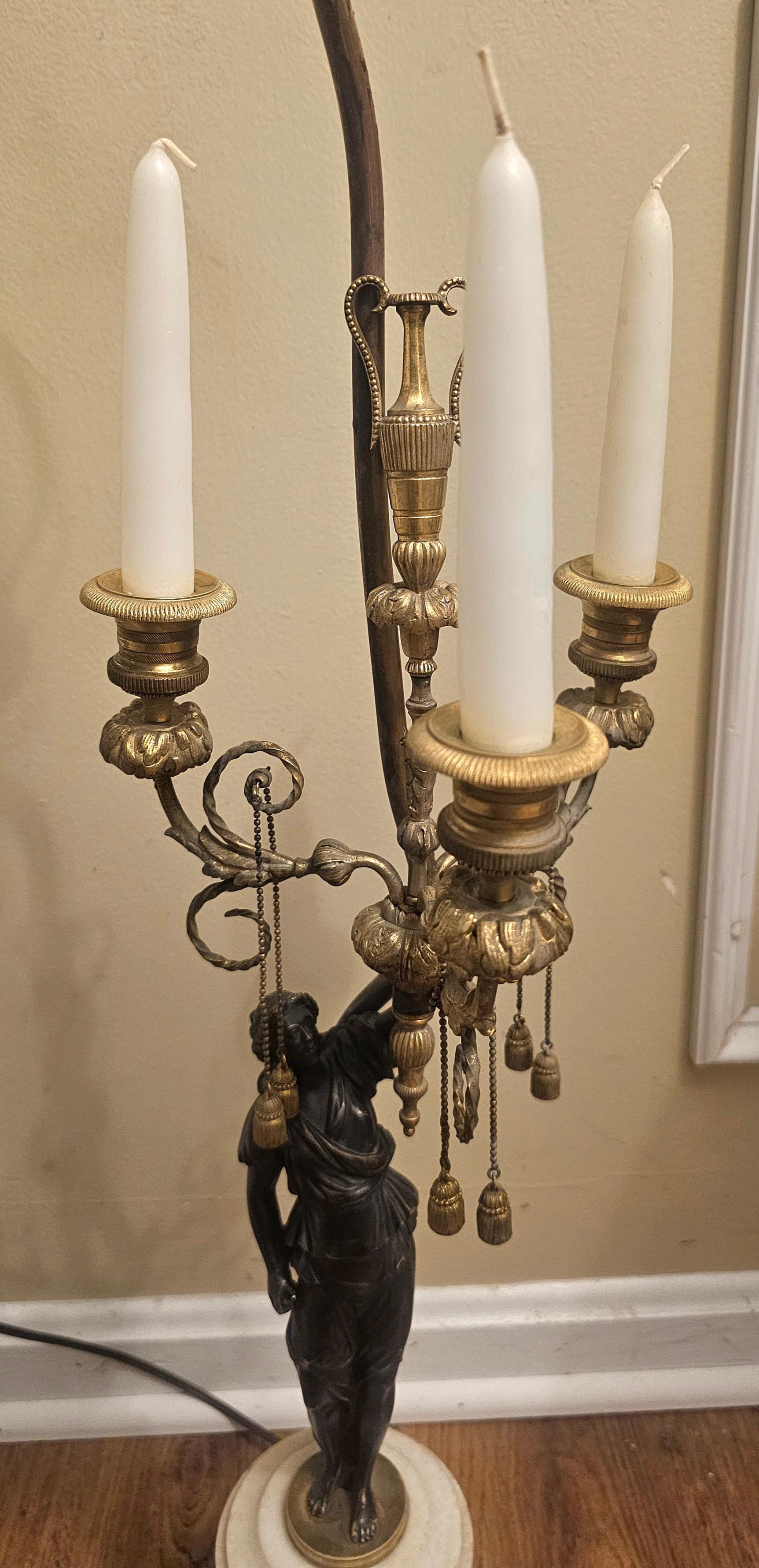 Metallo Pair 19th C. French Empire Marble and Bronze Figural Candelabra Mounted as Lamps in vendita