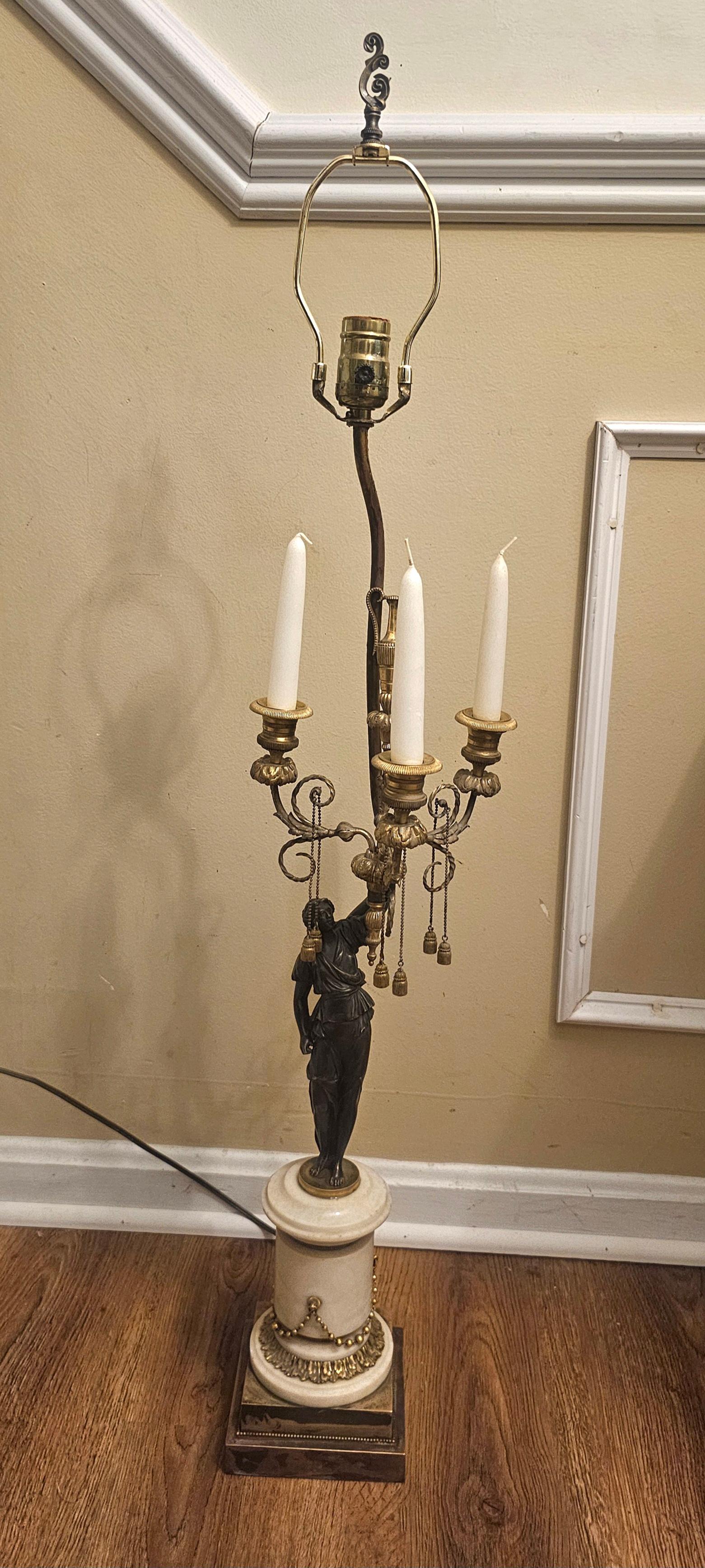 Pair 19th C. French Empire Marble and Bronze Figural Candelabra Mounted as Lamps in vendita 1