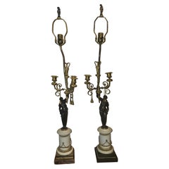 Pair 19th C. French Empire Marble and Bronze Figural Candelabra Mounted as Lamps