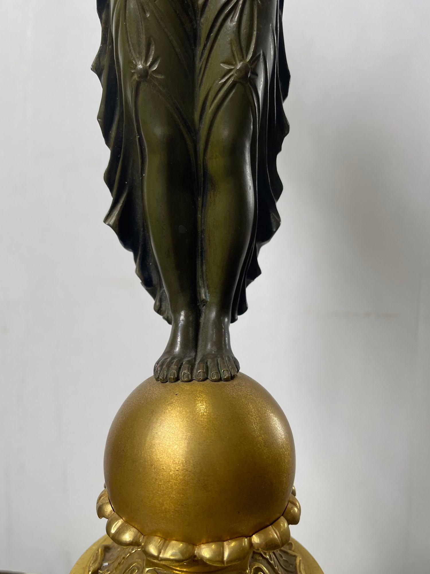 Coppia di candelabri francesi impero in bronzo dorato A.I.C. con figure di fanciulle alate in vendita 1