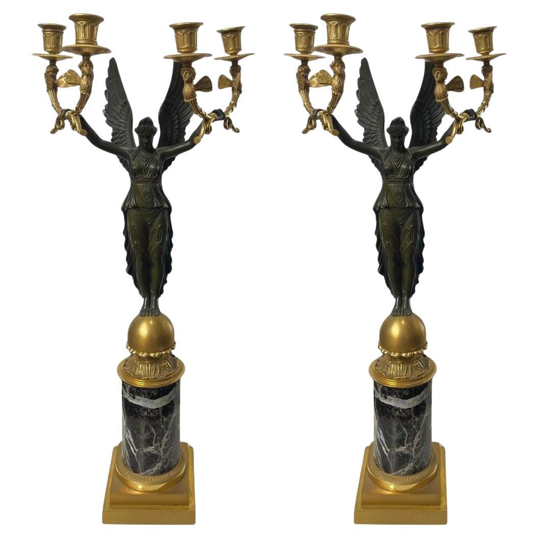 Pair 19th C French Empire Parcel Gilt Bronze Candelabra w/ Winged Maiden Figures
