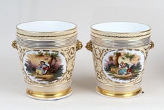 Paar 19. Jh. French Empire Paris Porzellan Aprikose Übertopf Pflanzgefäße & Ständer