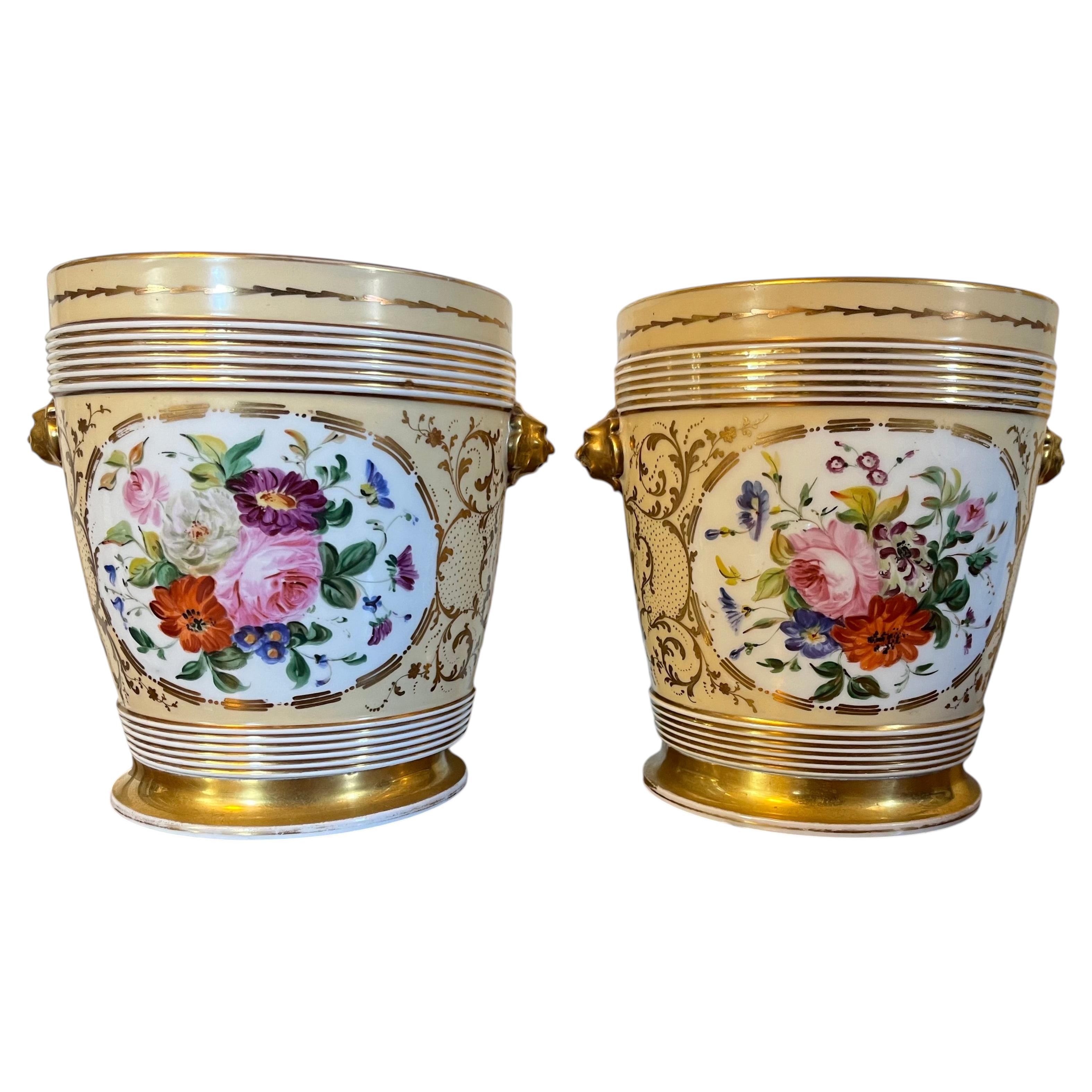 Pair 19th c. French Empire Paris Porcelain Apricot Cachepot Planters & Stands For Sale
