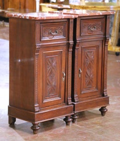 Pair 19th C. French Louis XIII Mahogany Bedside Cabinets with Rouge Marble Top
