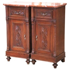 Pair 19th C. French Louis XIII Mahogany Bedside Cabinets with Rouge Marble Top