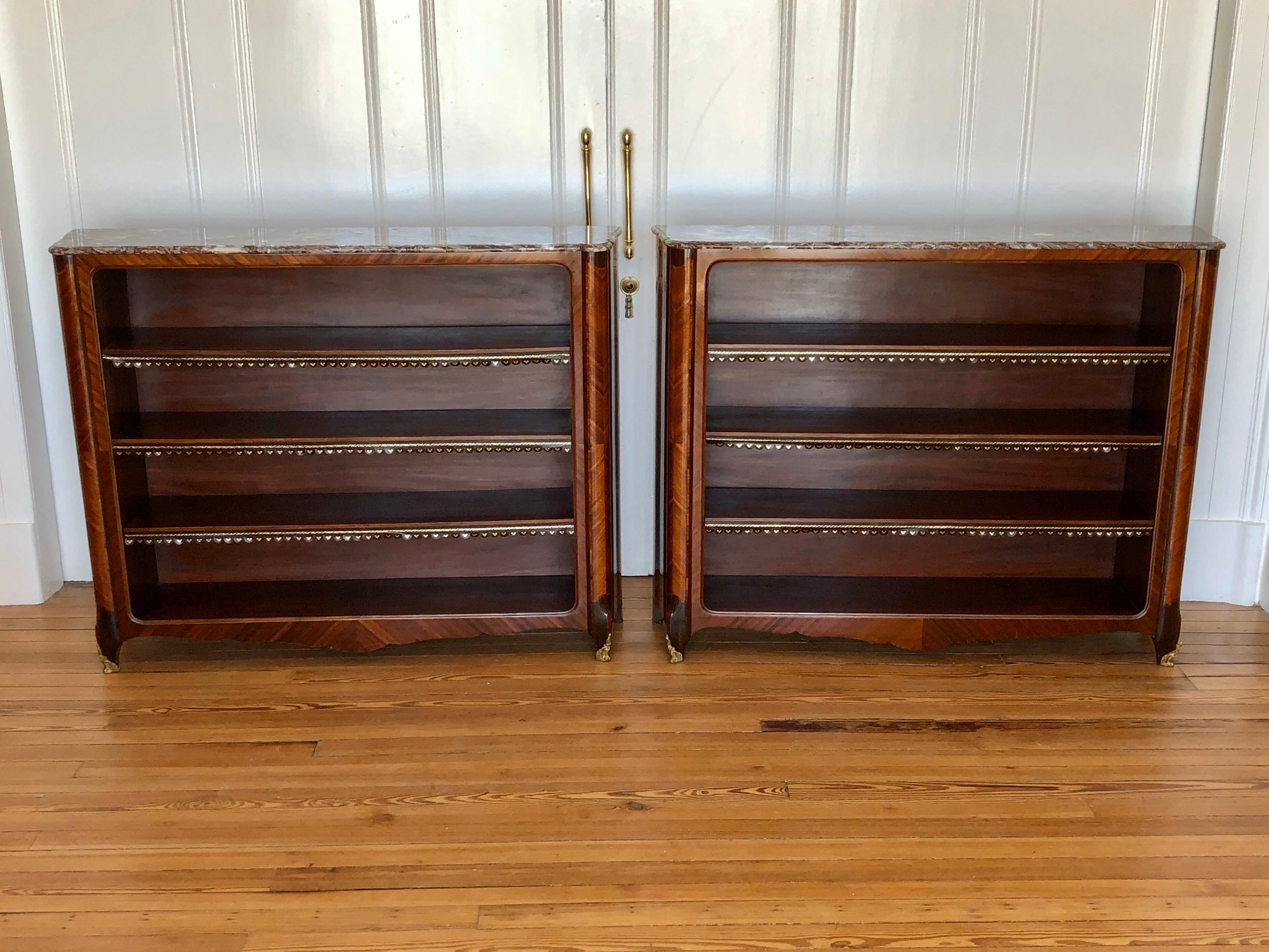 Pair of 19th Century French Louis XV Style Marble Top Bibliotheques / Bookcases For Sale 8