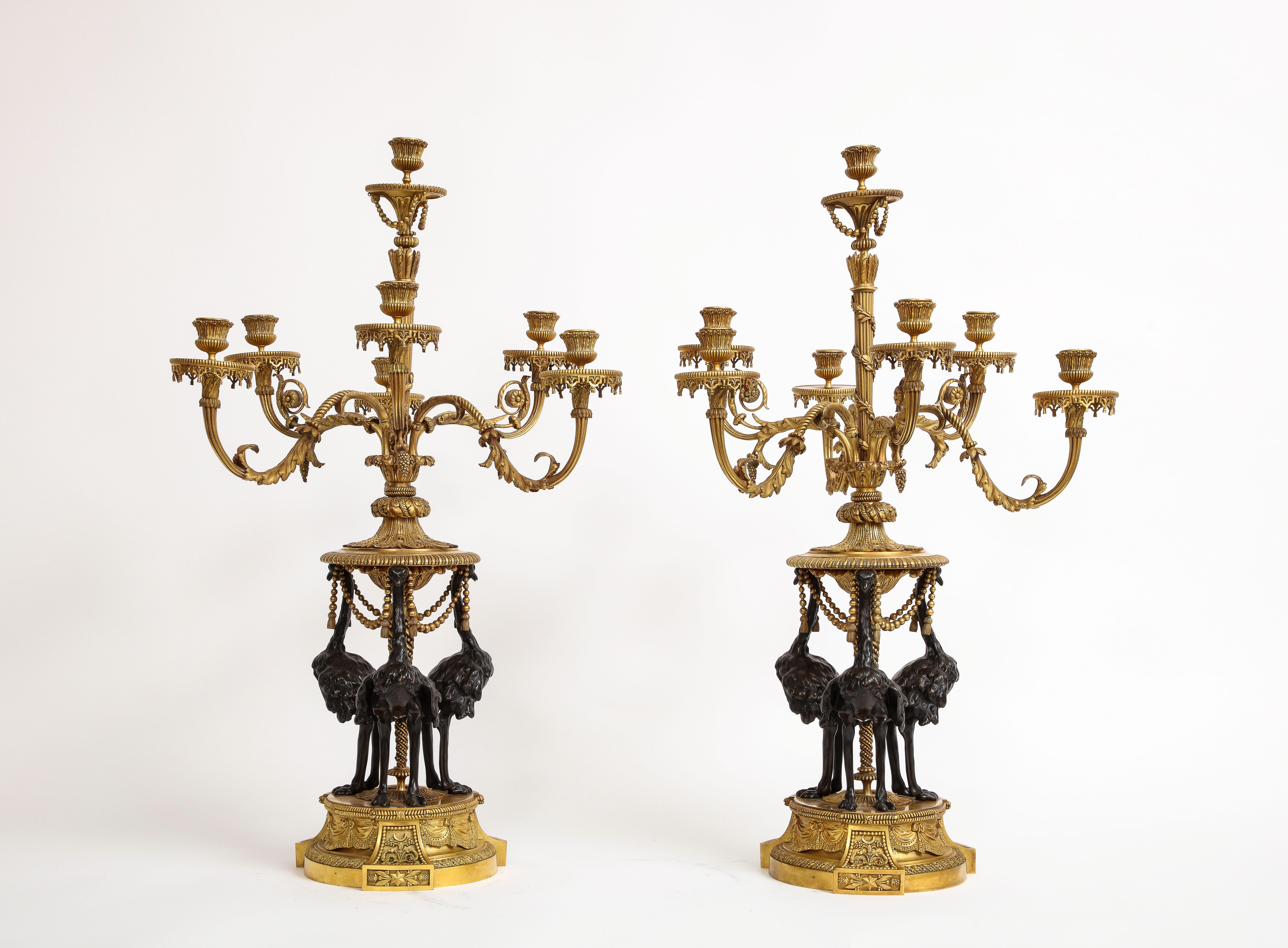 Pair 19th C. French Louis XVI Ormolu & Patinated 7-Arm Candelabra, A. Beurdeley In Good Condition For Sale In New York, NY