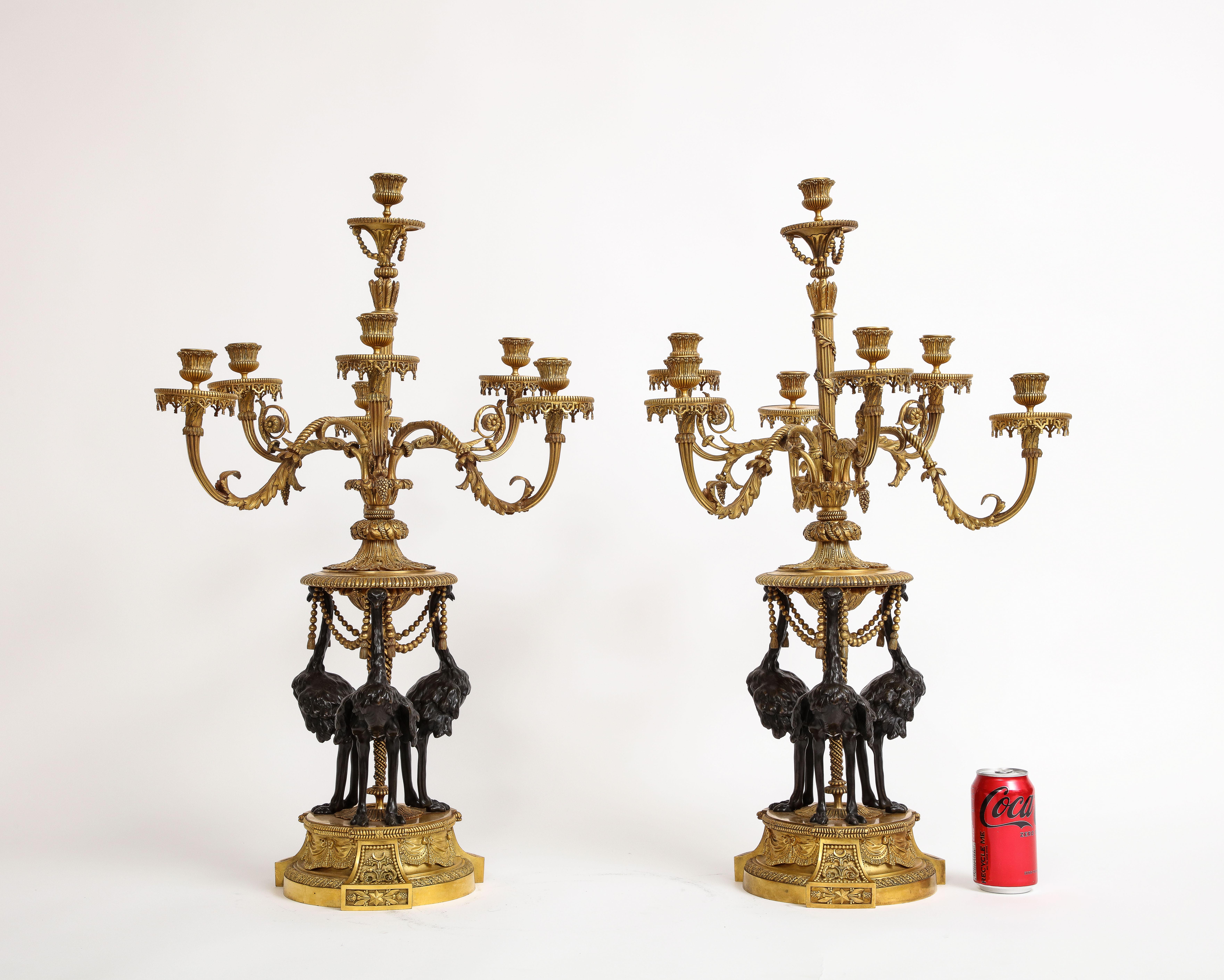 Pair 19th C. French Louis XVI Ormolu & Patinated 7-Arm Candelabra, A. Beurdeley In Good Condition For Sale In New York, NY
