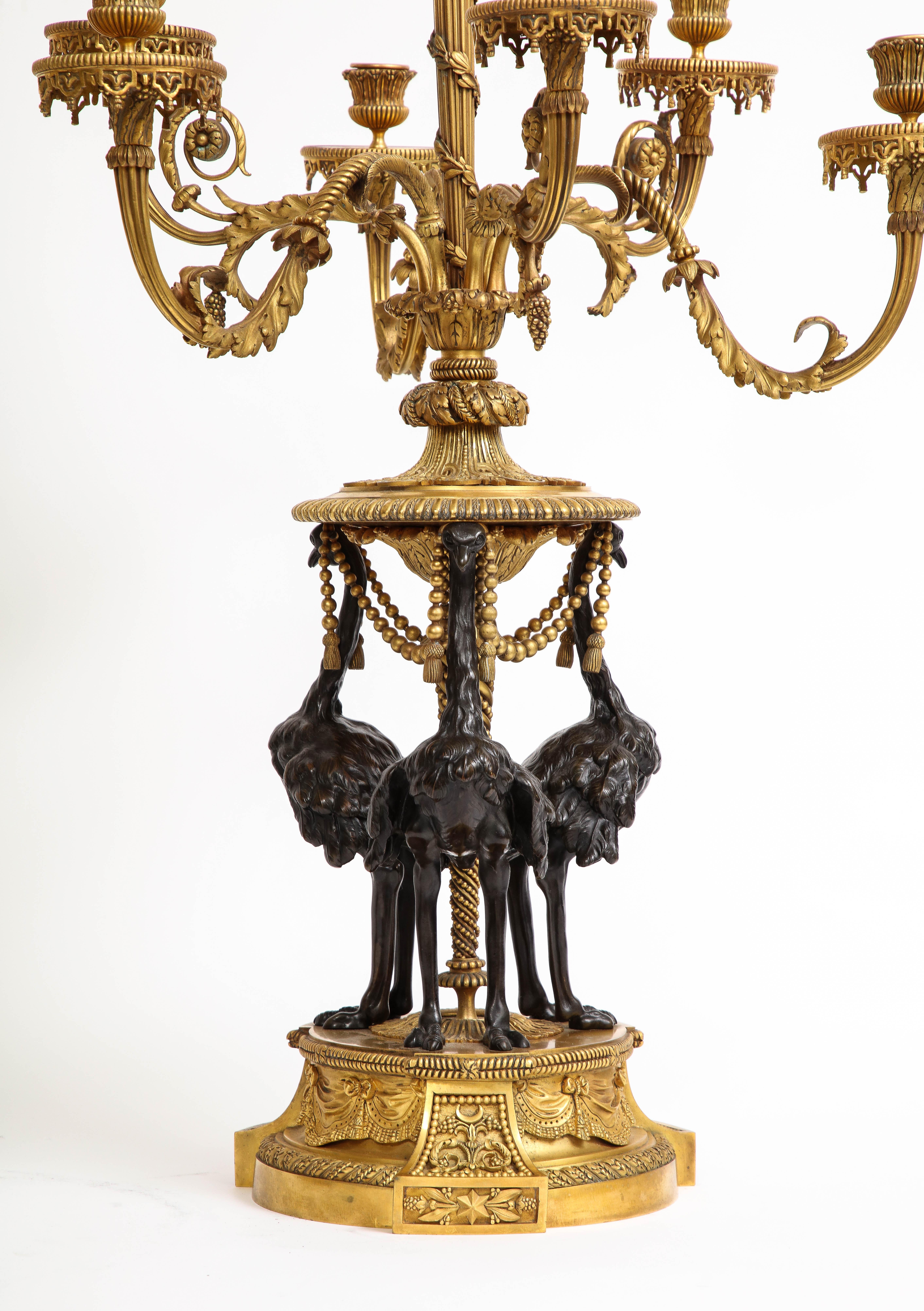 Bronze Pair 19th C. French Louis XVI Ormolu & Patinated 7-Arm Candelabra, A. Beurdeley For Sale