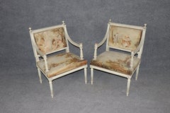 Pair 19th C French Louis XVI Parcel Gilt Carved Armchairs with Aubusson Tapestry
