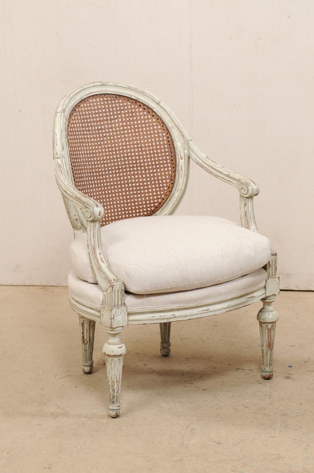 Pair of French Louis XVI Style Armchairs with Caned Backs and Upholstered Seats In Good Condition In Atlanta, GA