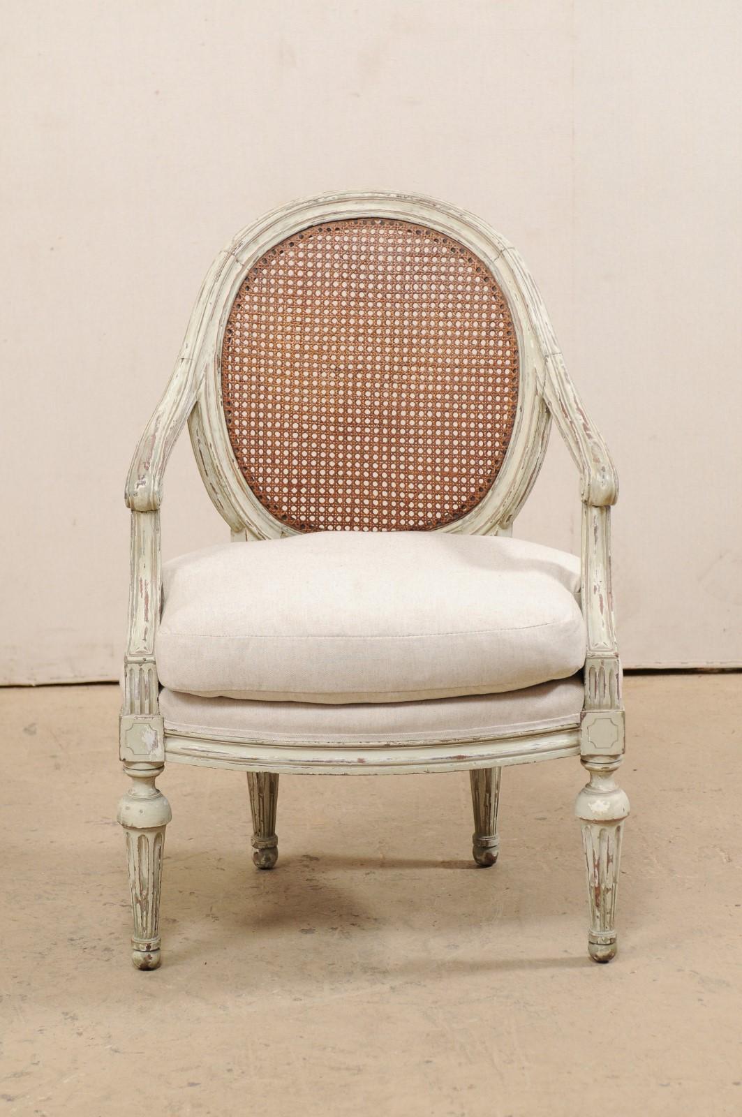 19th Century Pair of French Louis XVI Style Armchairs with Caned Backs and Upholstered Seats