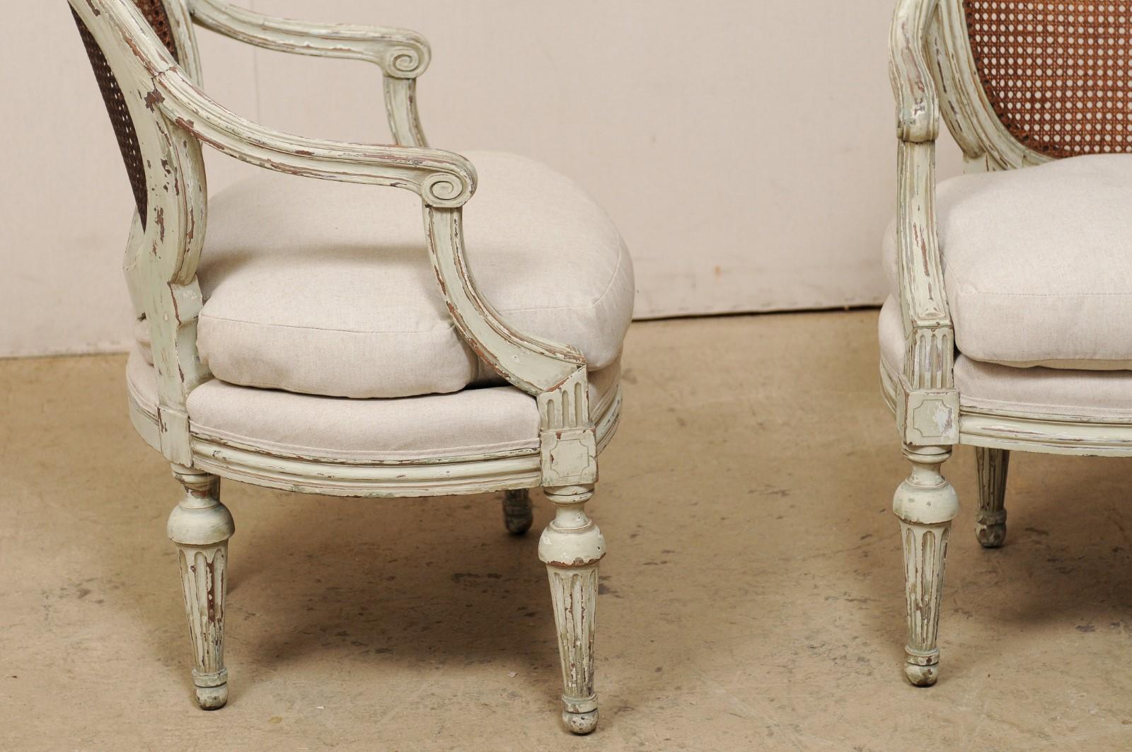 Pair of French Louis XVI Style Armchairs with Caned Backs and Upholstered Seats 1
