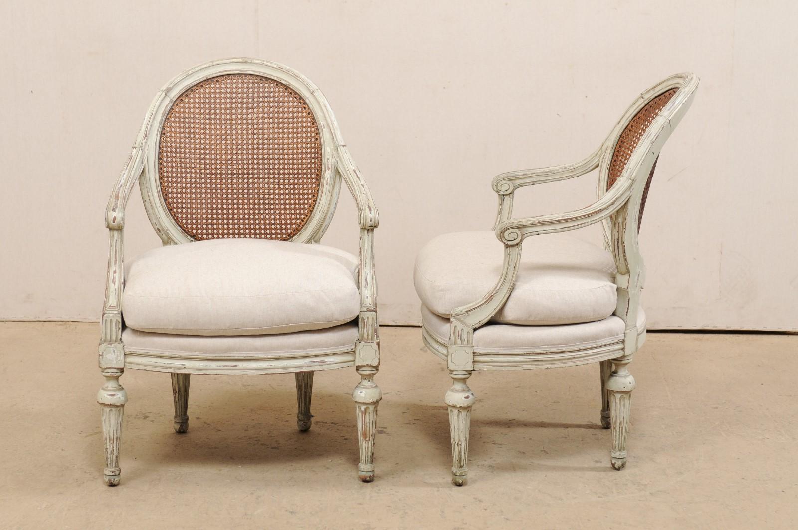 Pair of French Louis XVI Style Armchairs with Caned Backs and Upholstered Seats 4