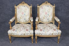 Pair 19th c. French Louis XVI Style Carved Giltwood Armchairs